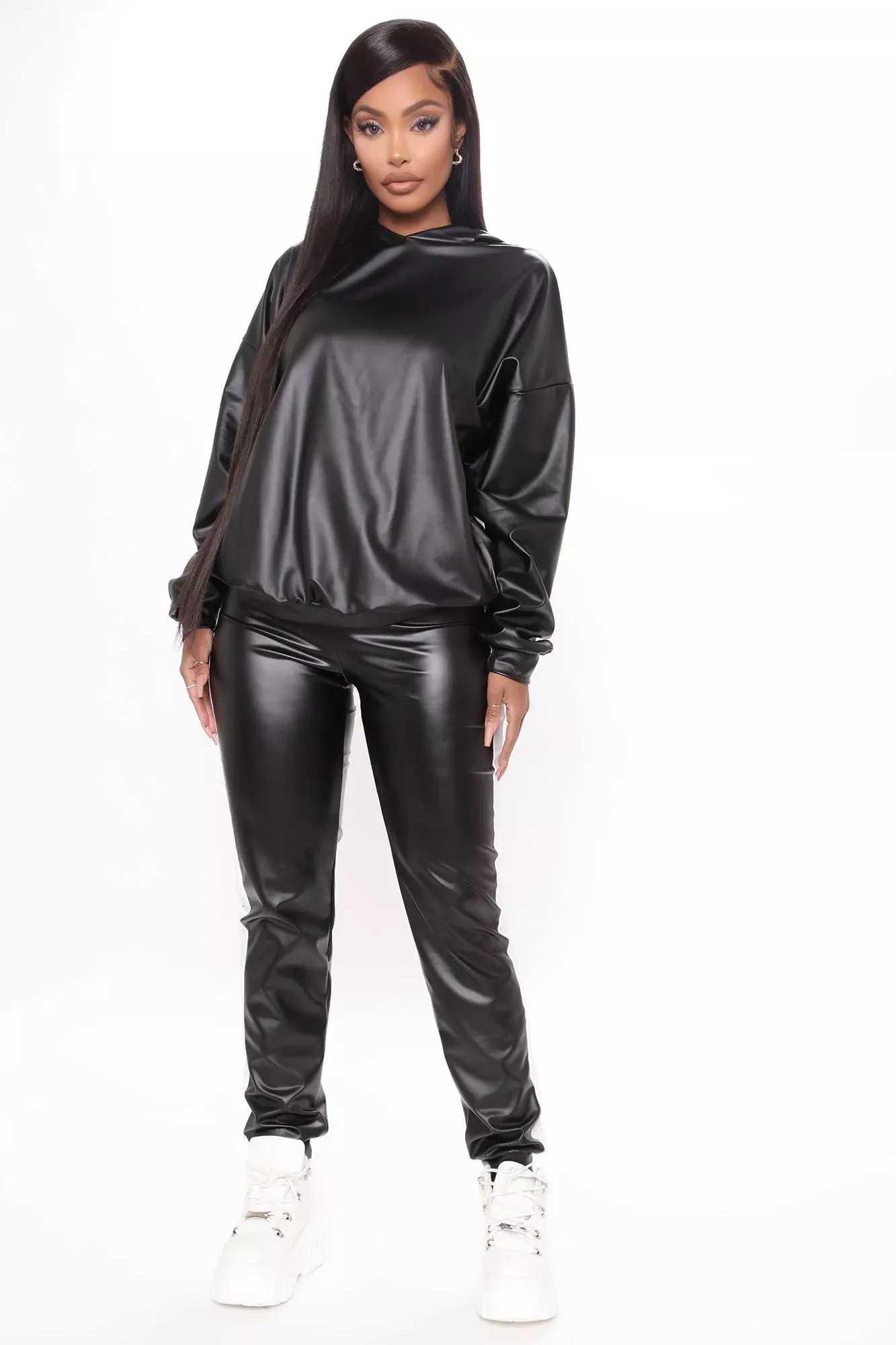 Acting Up PU Hoodie And Jogger Set - Black