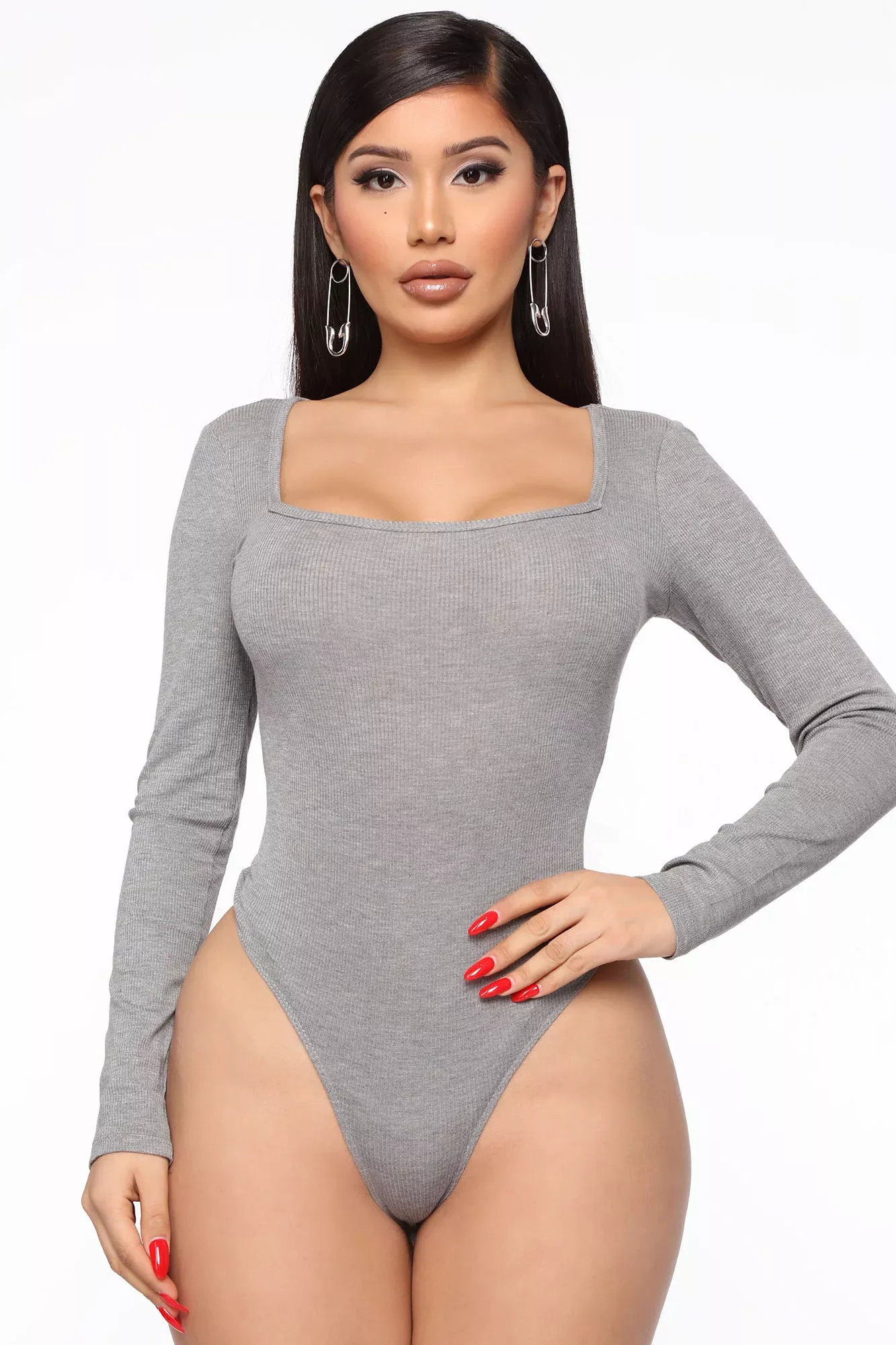 Addison Long Sleeve Square Neck Ribbed Bodysuit - Grey