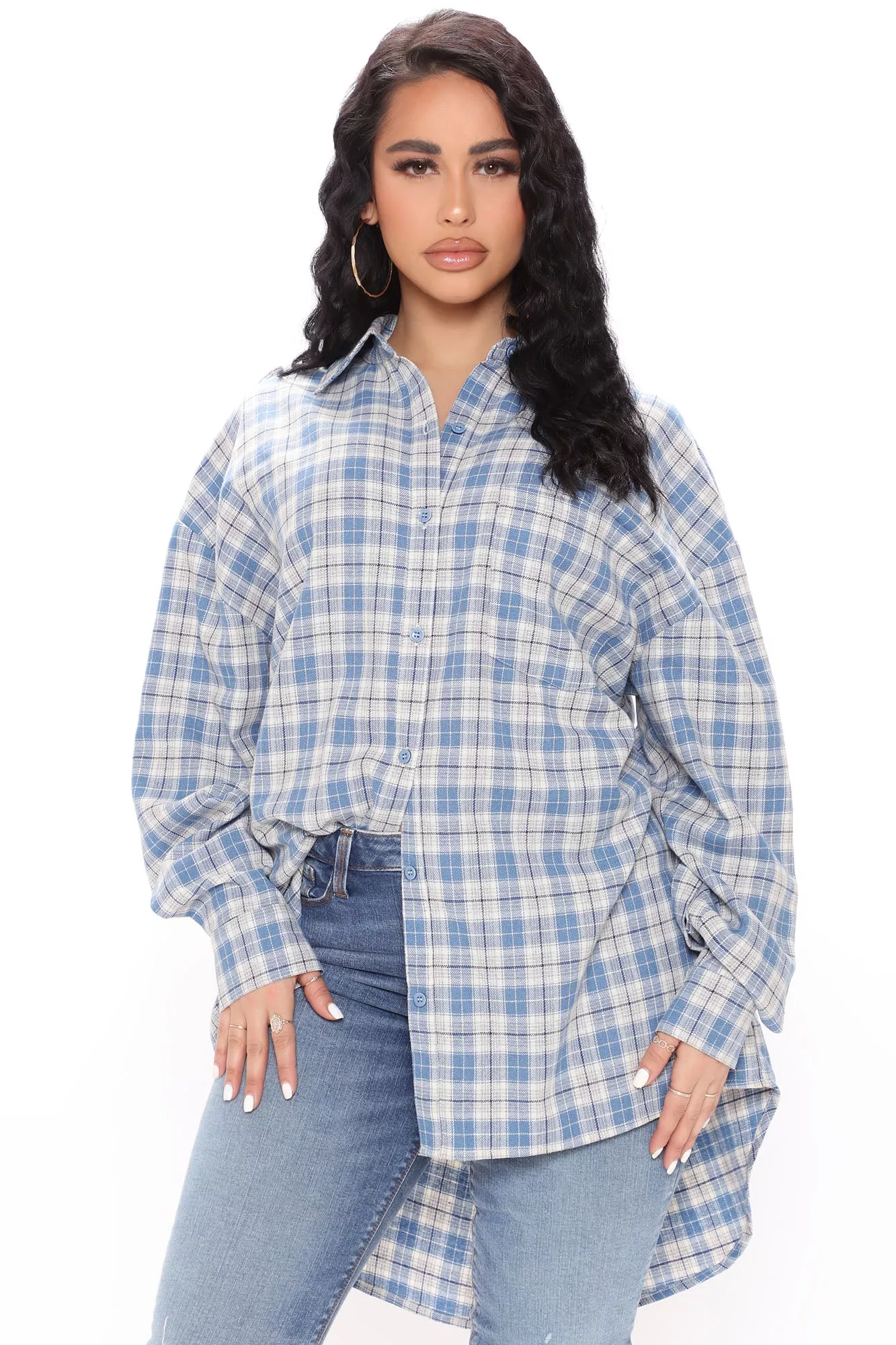 Always Checked Out Oversize Flannel Top - Blue/combo