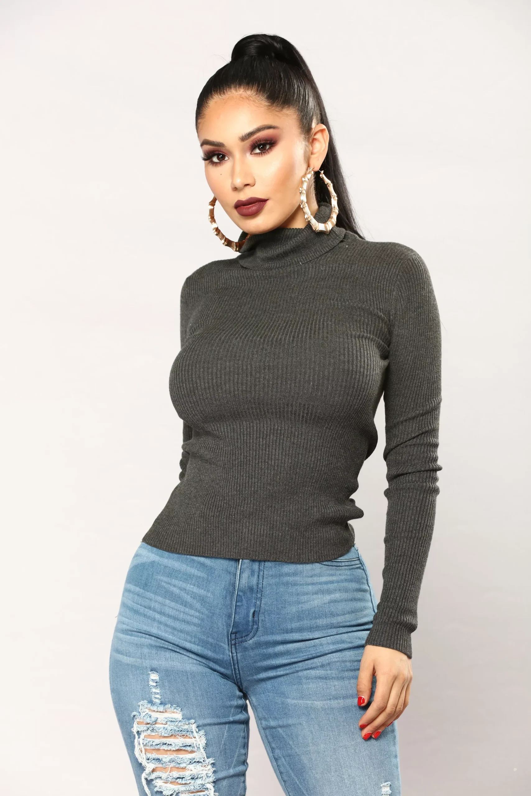 Amelia Turtle Neck Sweater Top FN - Charcoal