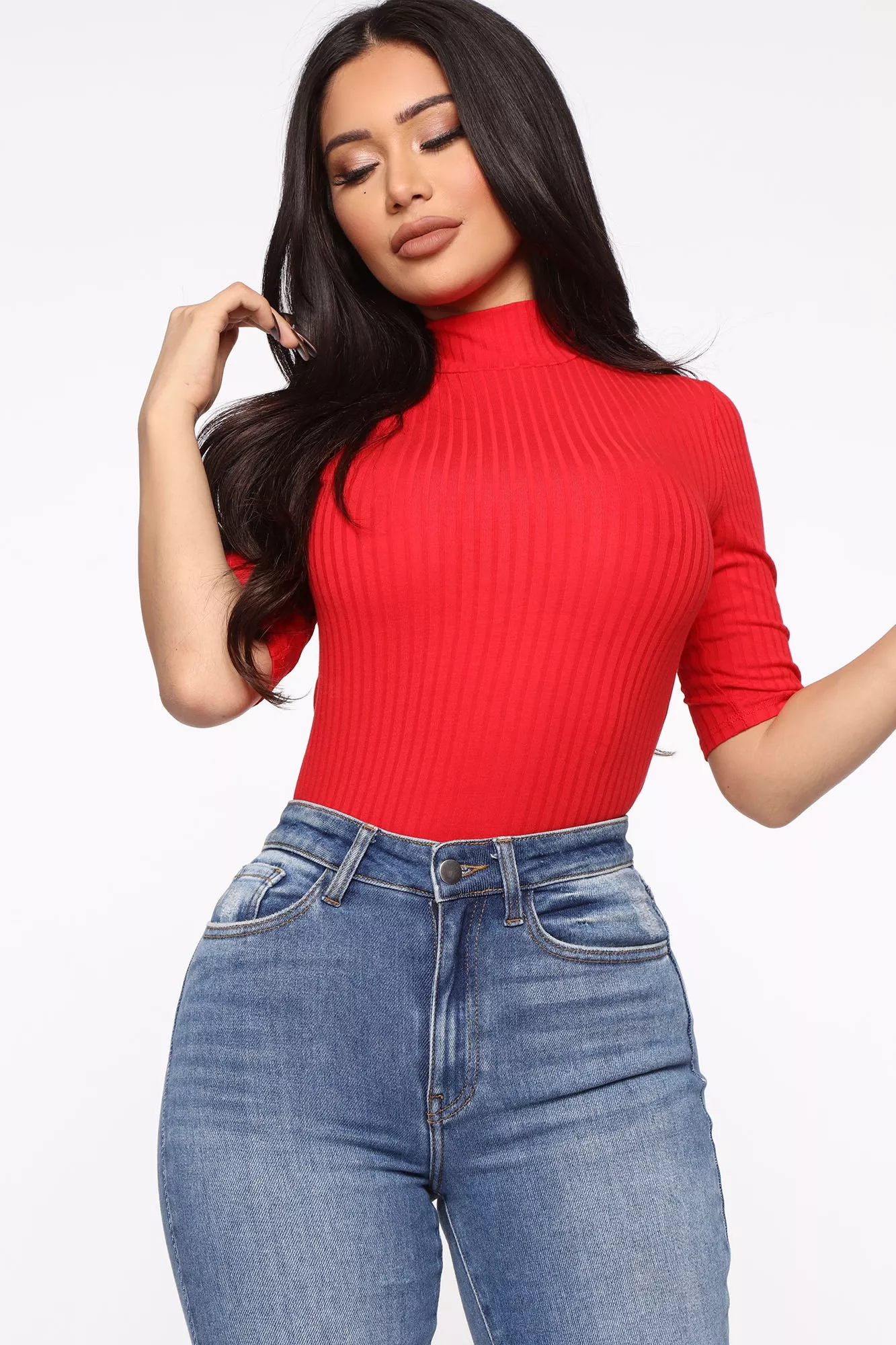 Ansley Mock Neck Short Sleeve Tee - Red