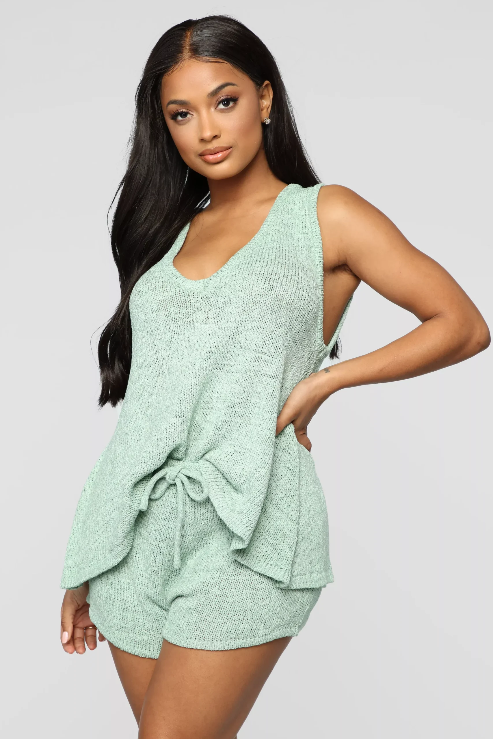 At The Beach Sweater Short Set - Sage