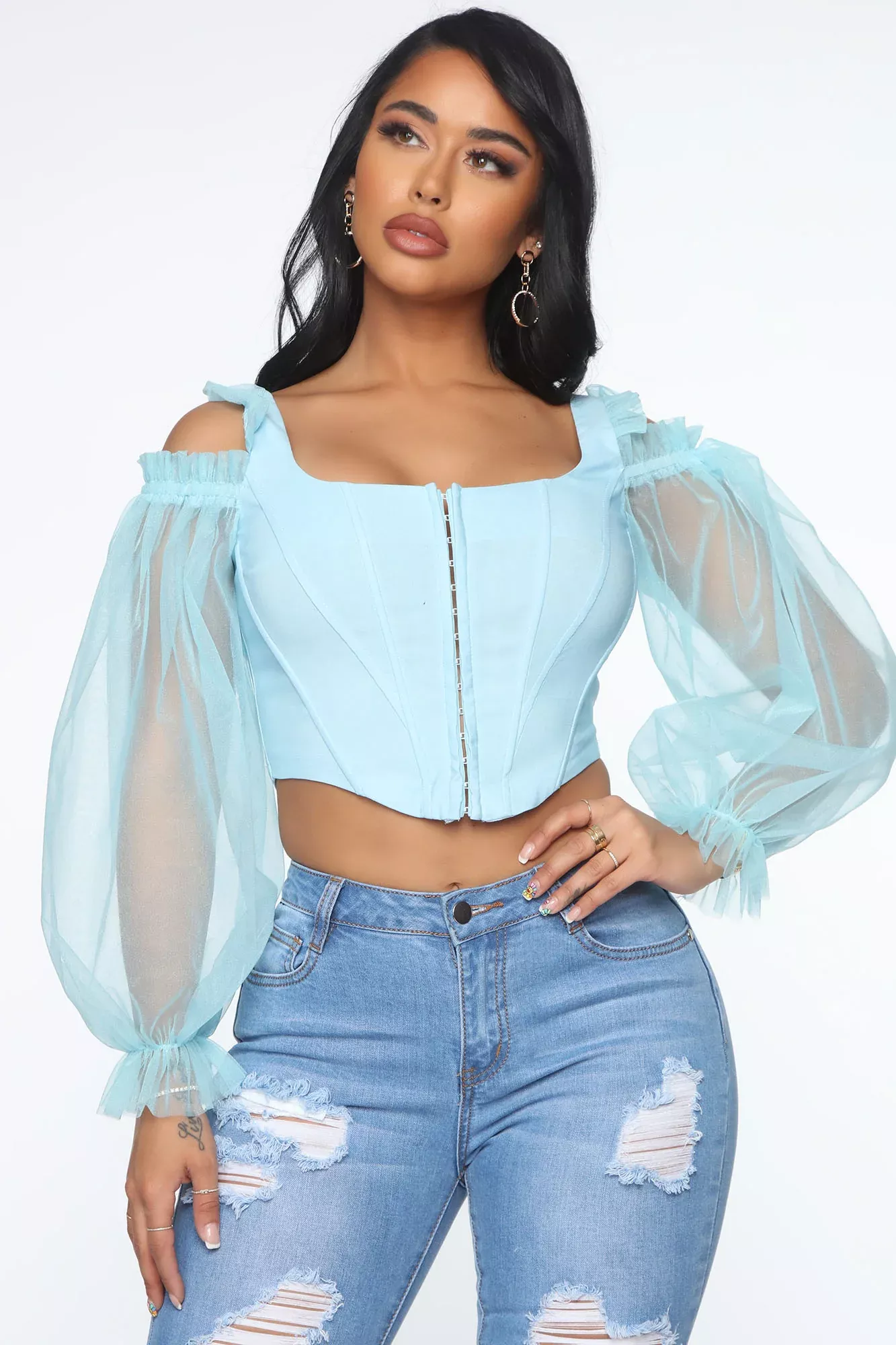 Ava Corset Ruffle Top - Blue