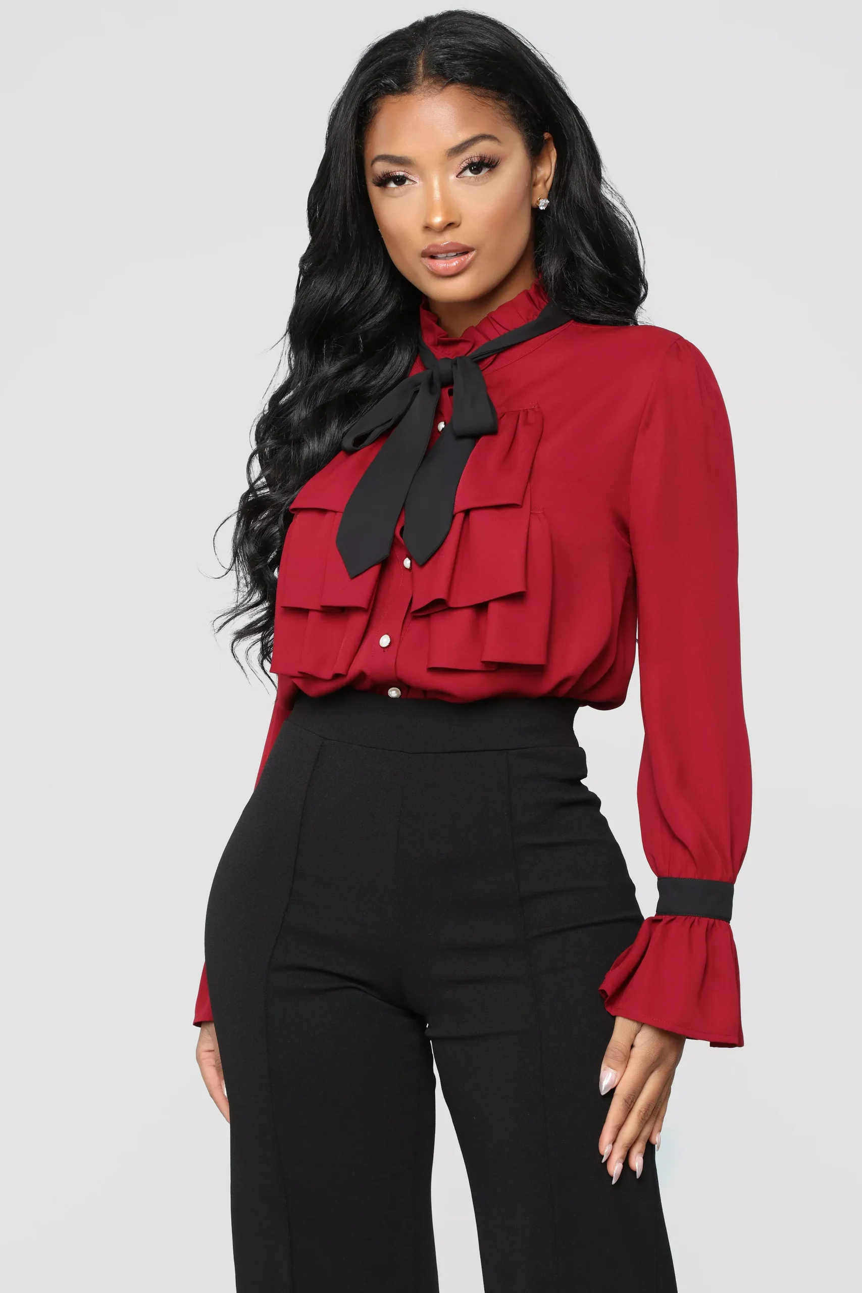 Better Now Tie Neck Blouse - Burgundy