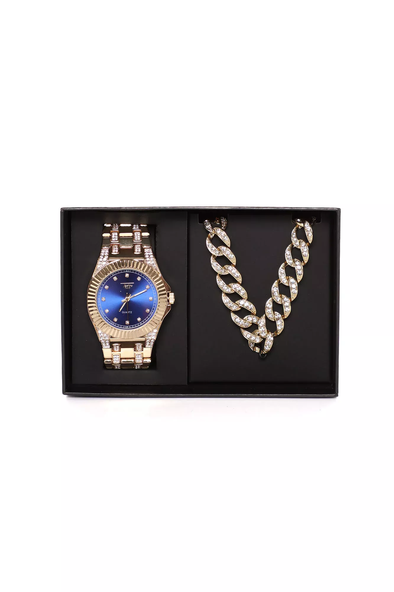 Blue Ice Chain And Watch Boxed Set - Gold/Blue