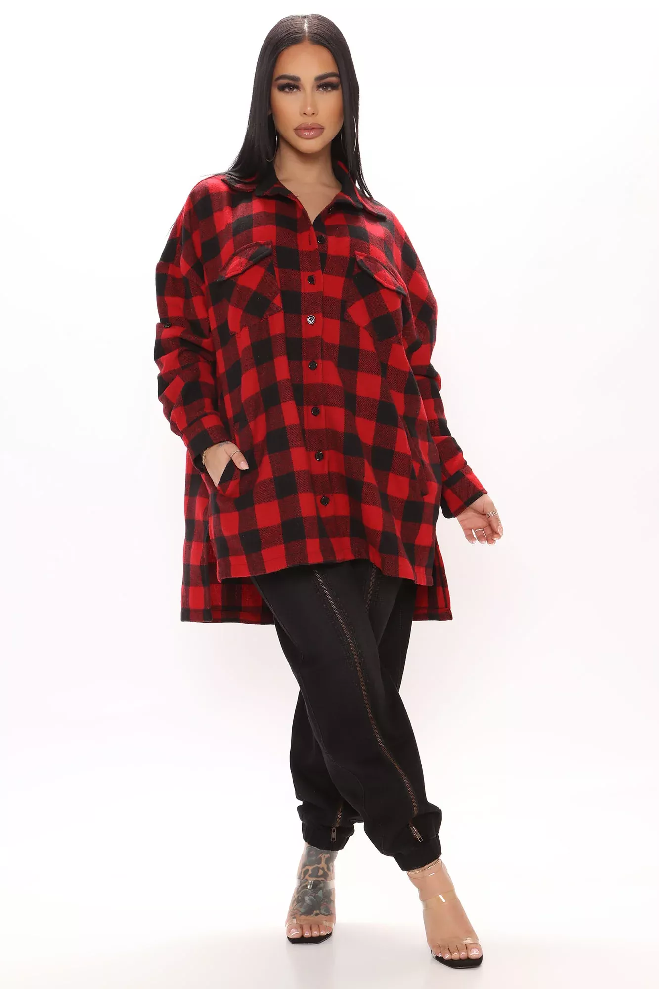 By All Means Oversized Plaid Shirt - Red/combo