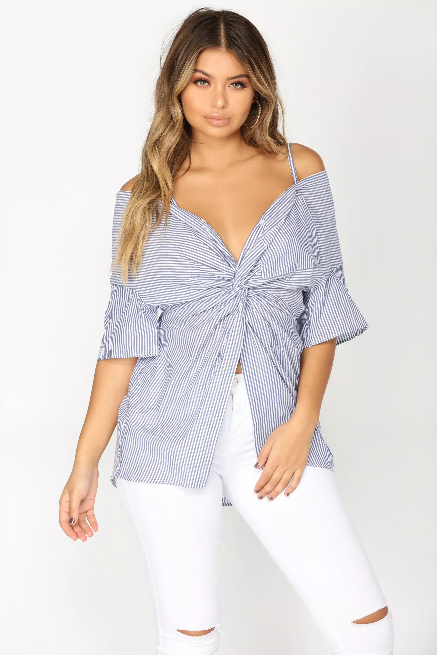 Cameron Off The Shoulder Top - Blue/White