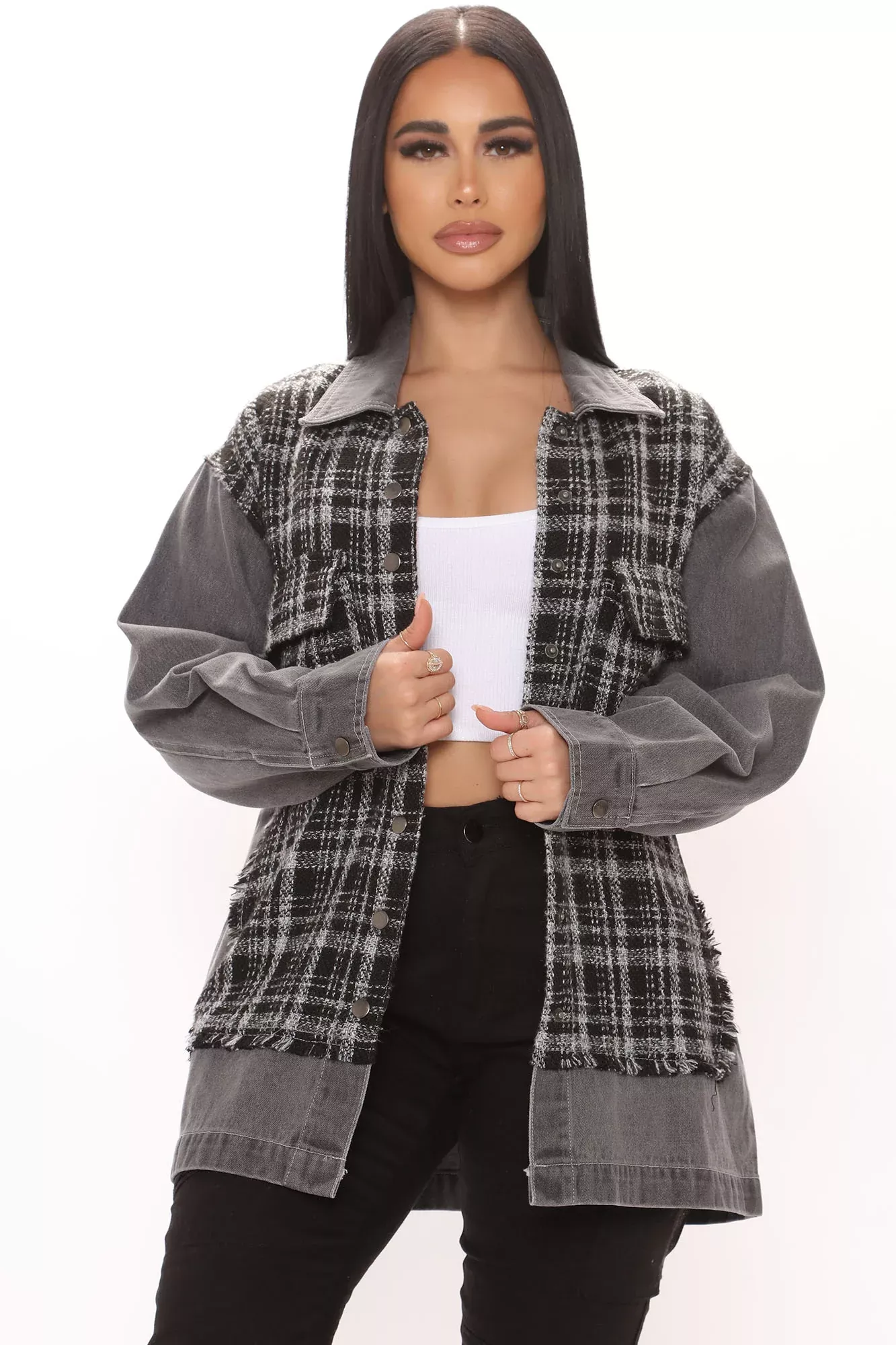 Catch Her Chillin' Tweed Shirt - Grey/combo