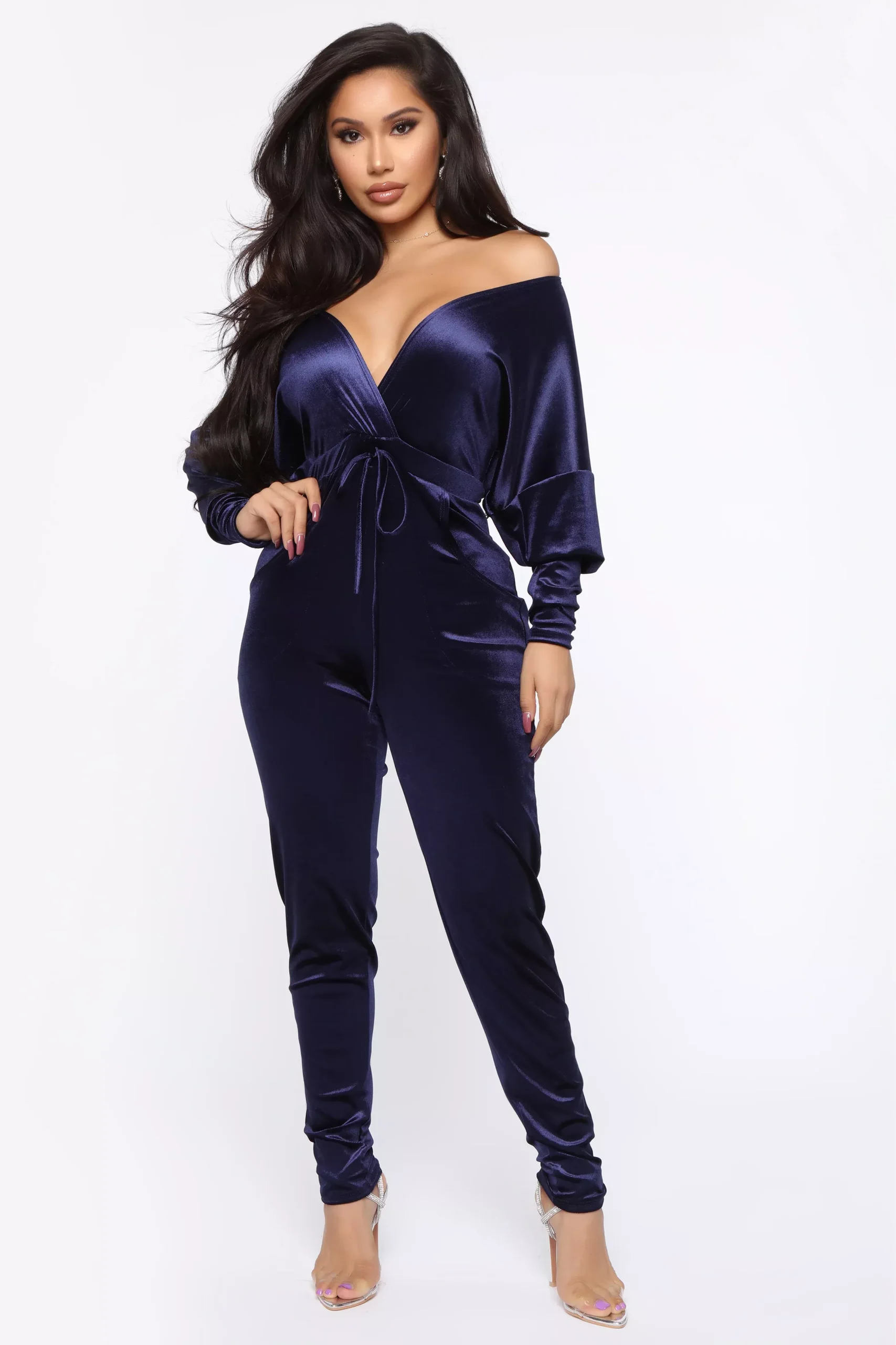 Catch My Flight Velvet Jumpsuit - Navy