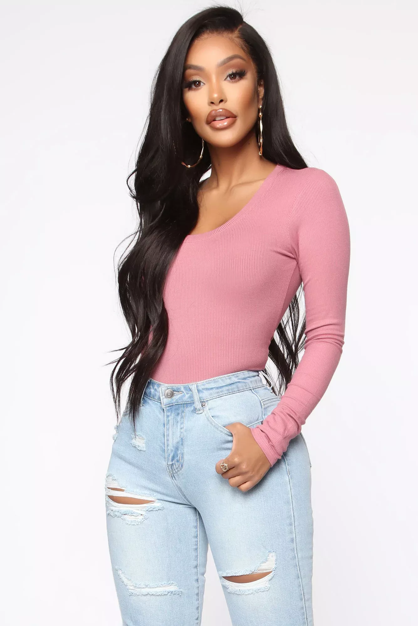 Christina Scoop Neck Long Sleeve Top - Pink