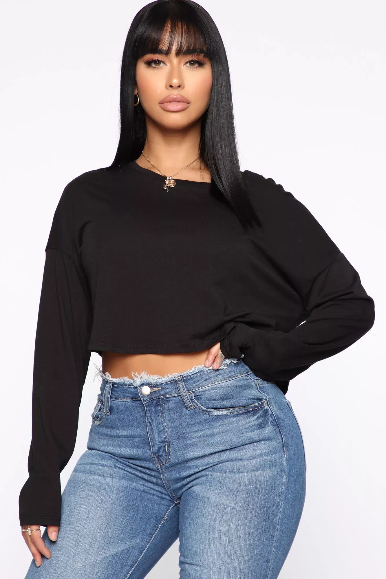 Classic Cropped Long Sleeve Top - Black