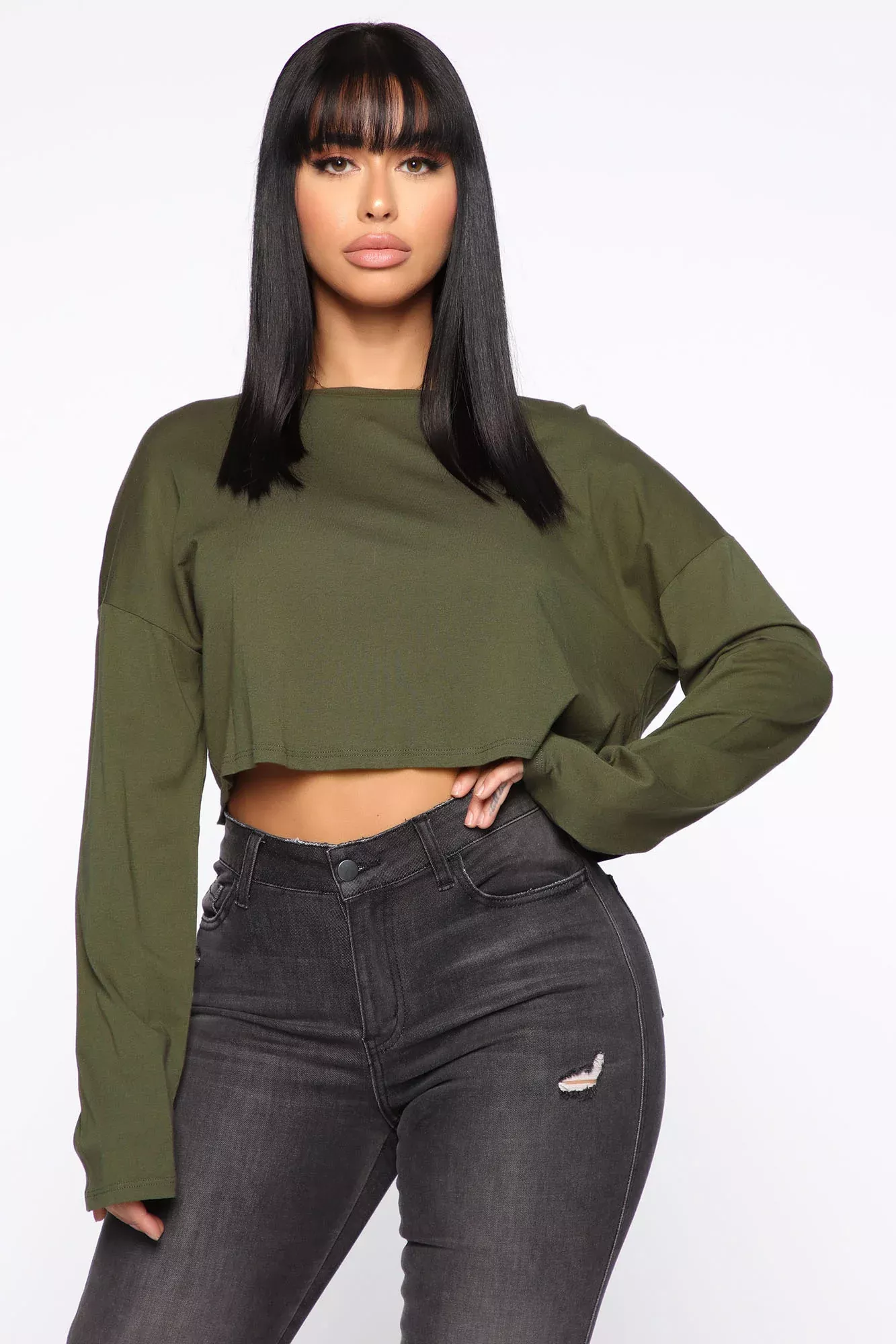 Classic Cropped Long Sleeve Top - Olive