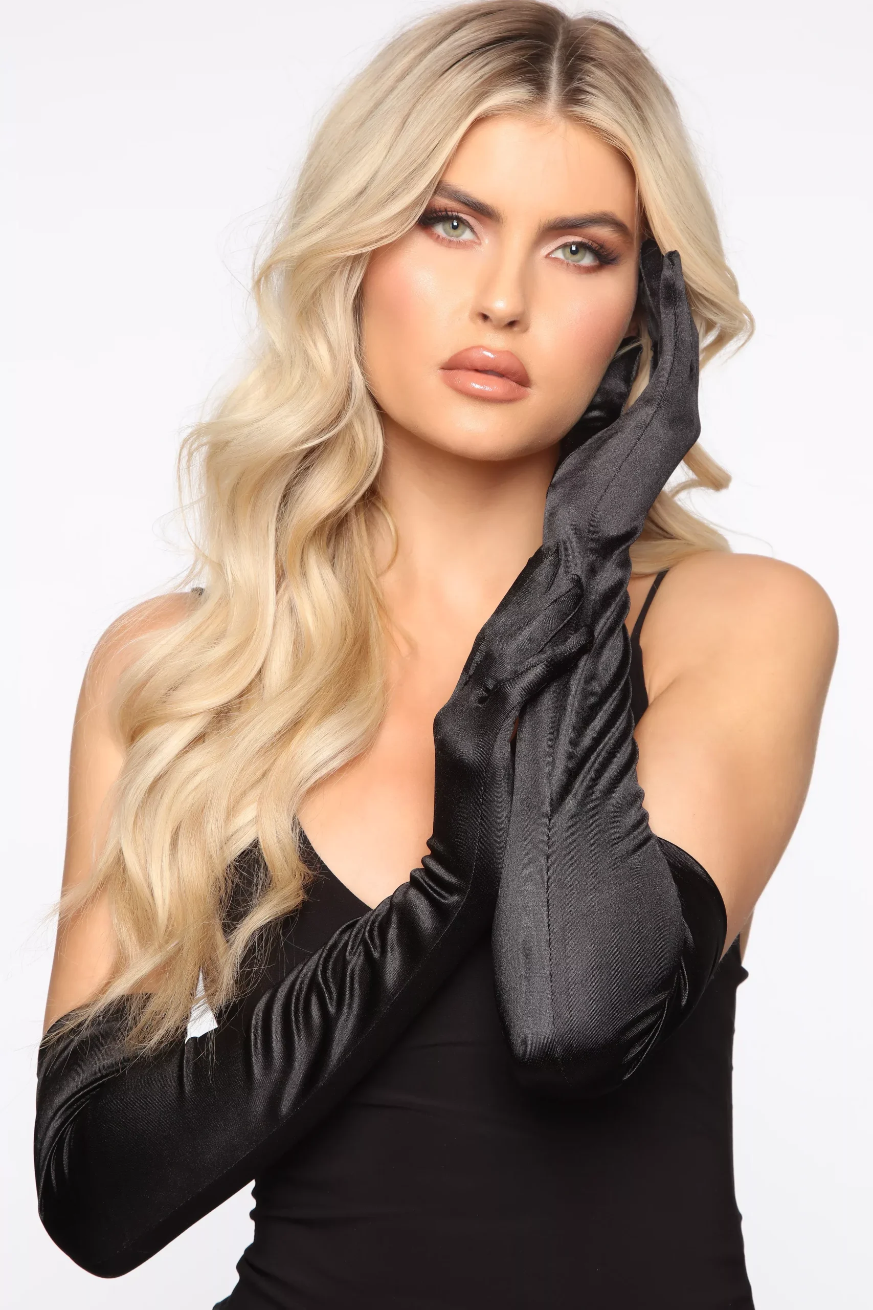 Classic Lady Long Satin Gloves - Black