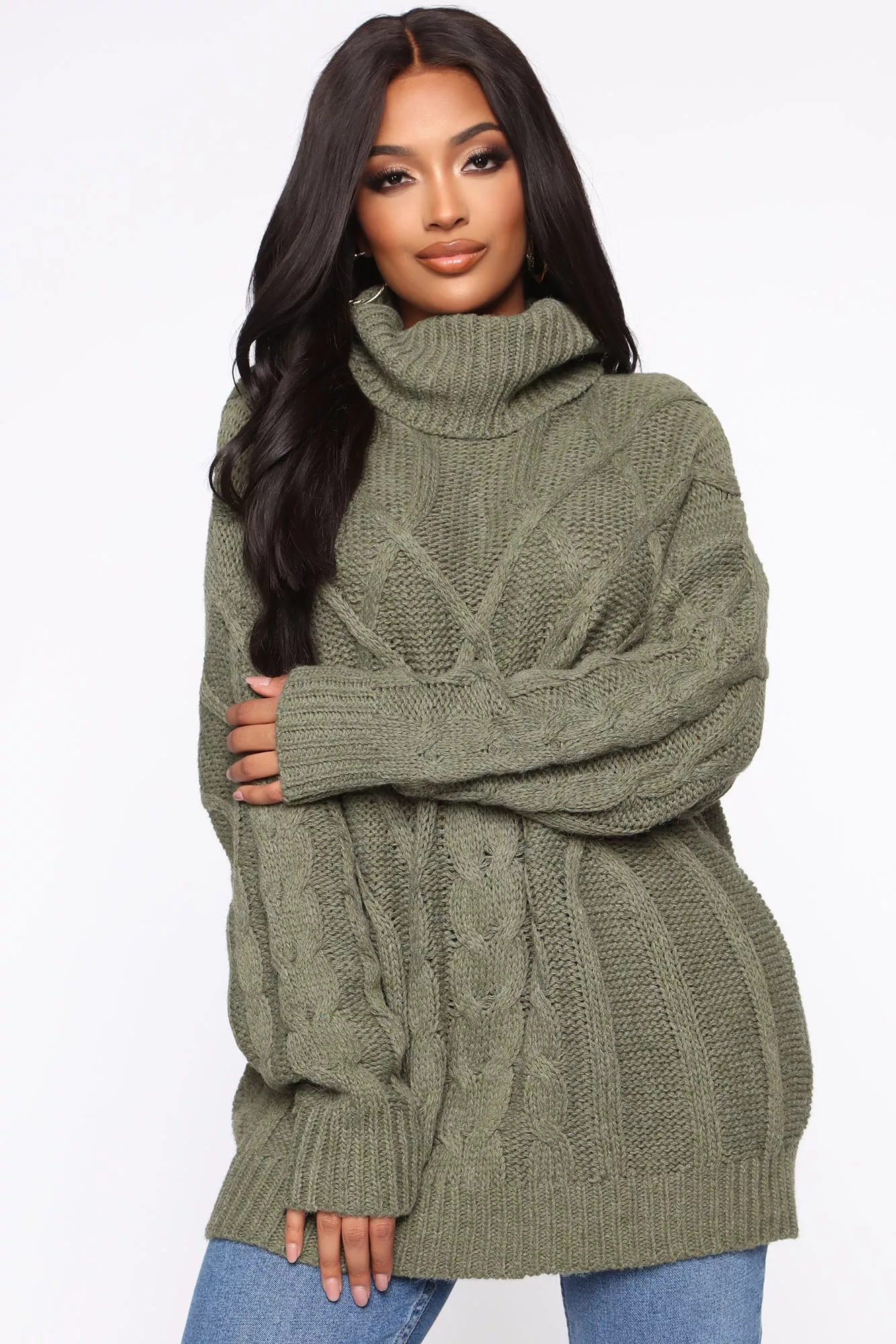 Cold Nights With You Cable Knit Sweater - Olive