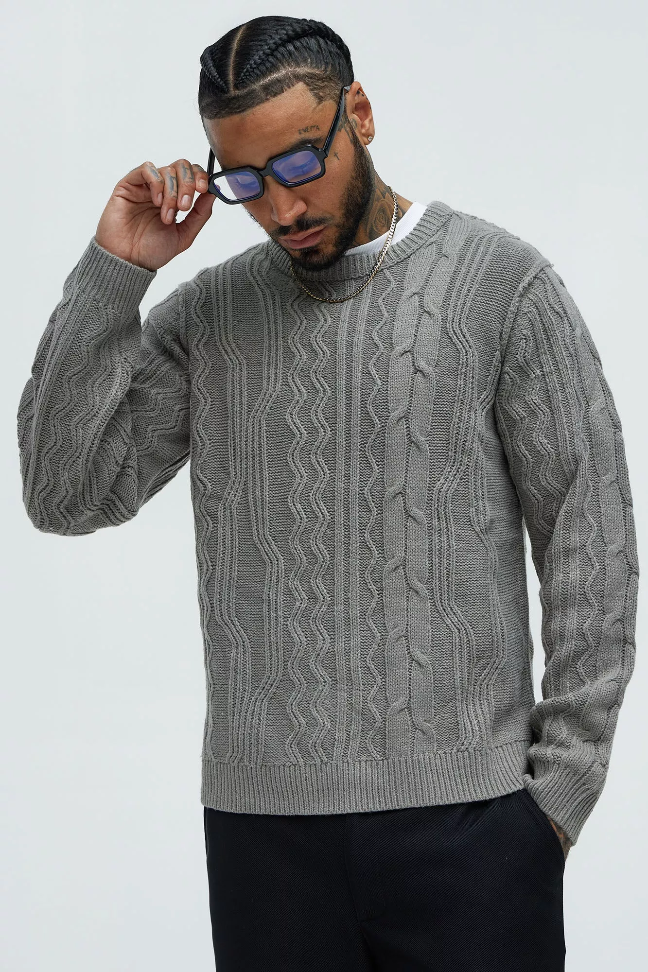 Drew Cable Knit Sweater - Heather Grey