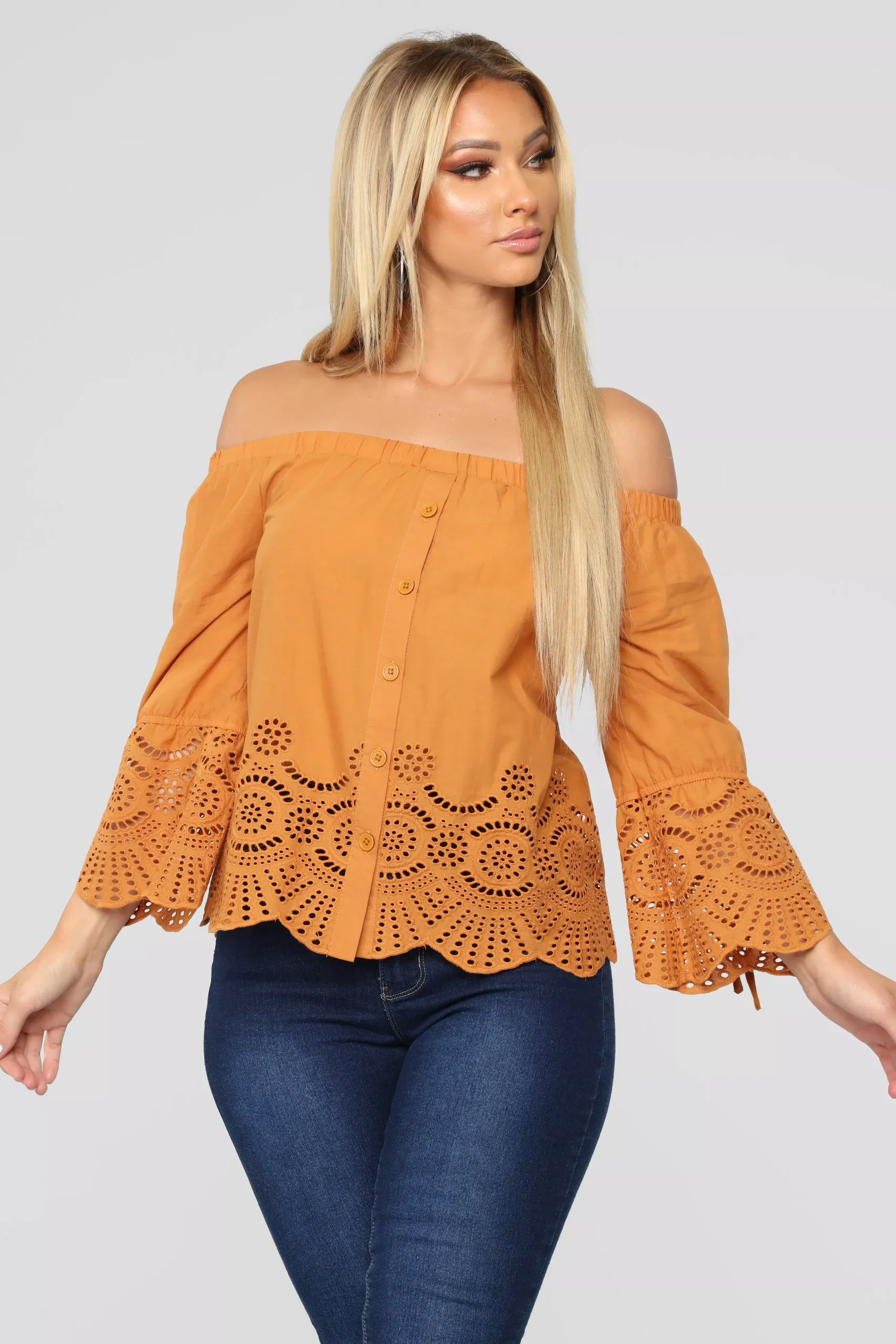 Eyelet Off Shoulder Top - Cognac