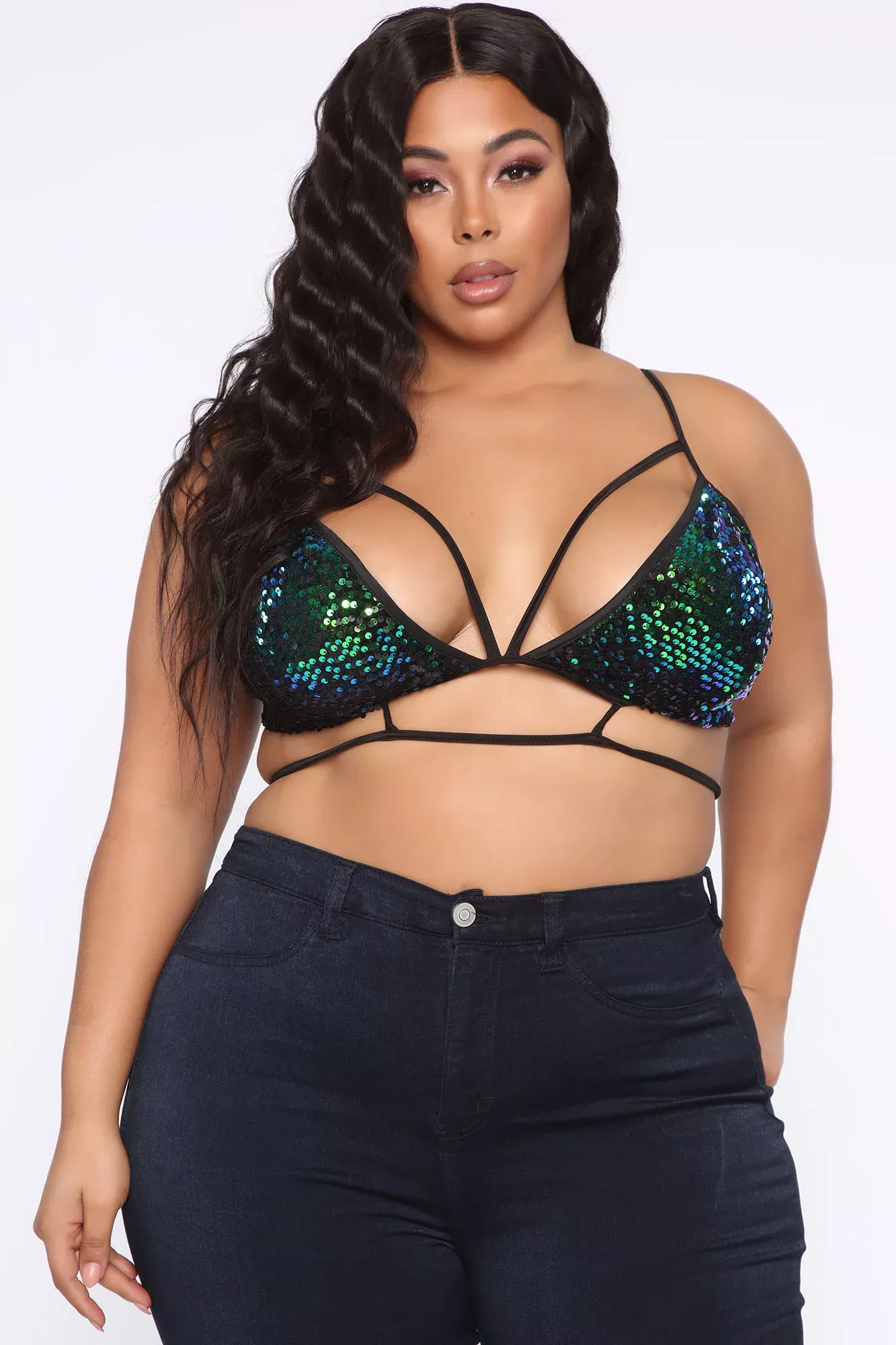Eyes Up Here Sequin Caged Bralette - Black