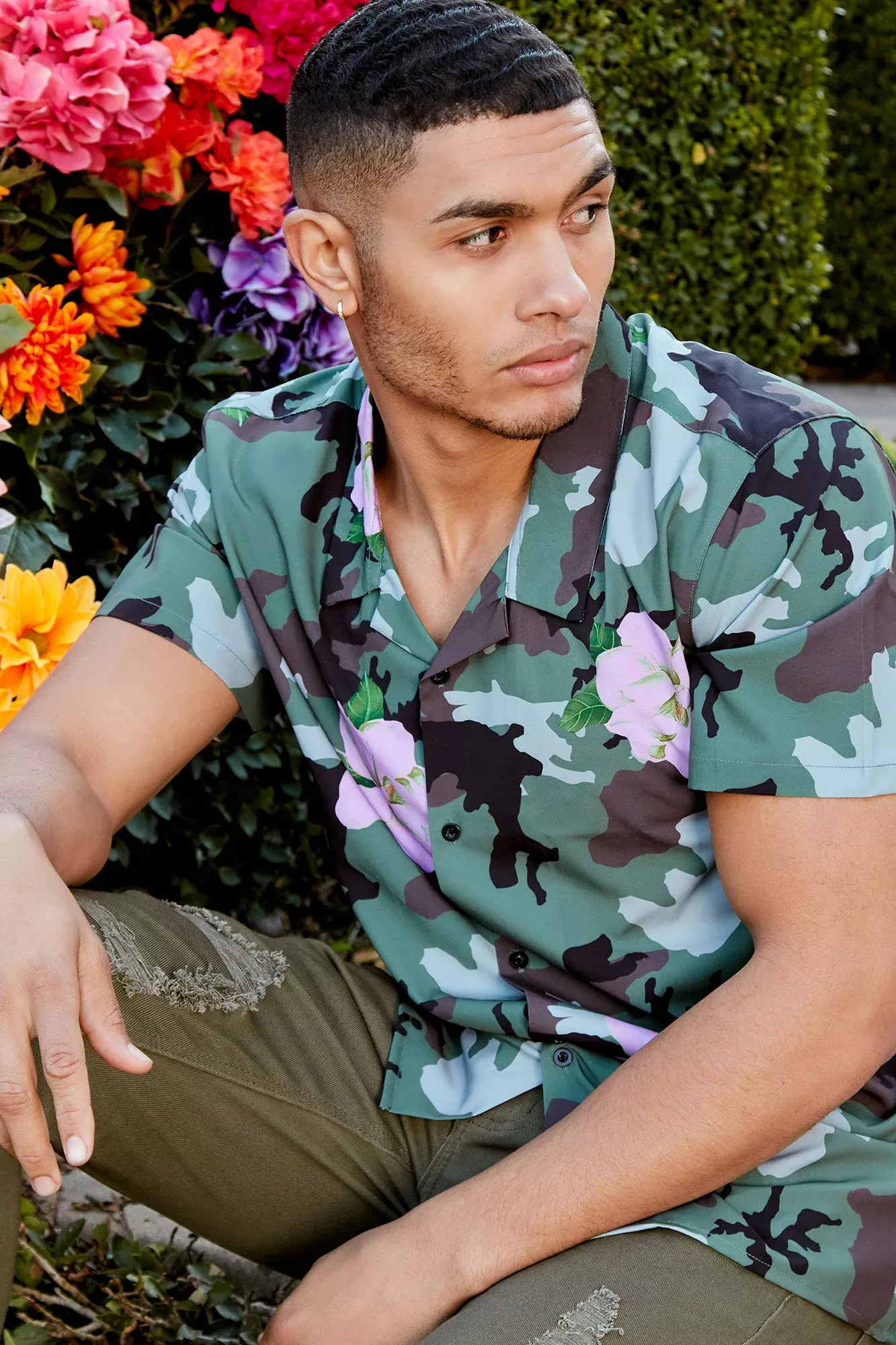 Floral Camo Short Sleeve Woven Top - Camouflage