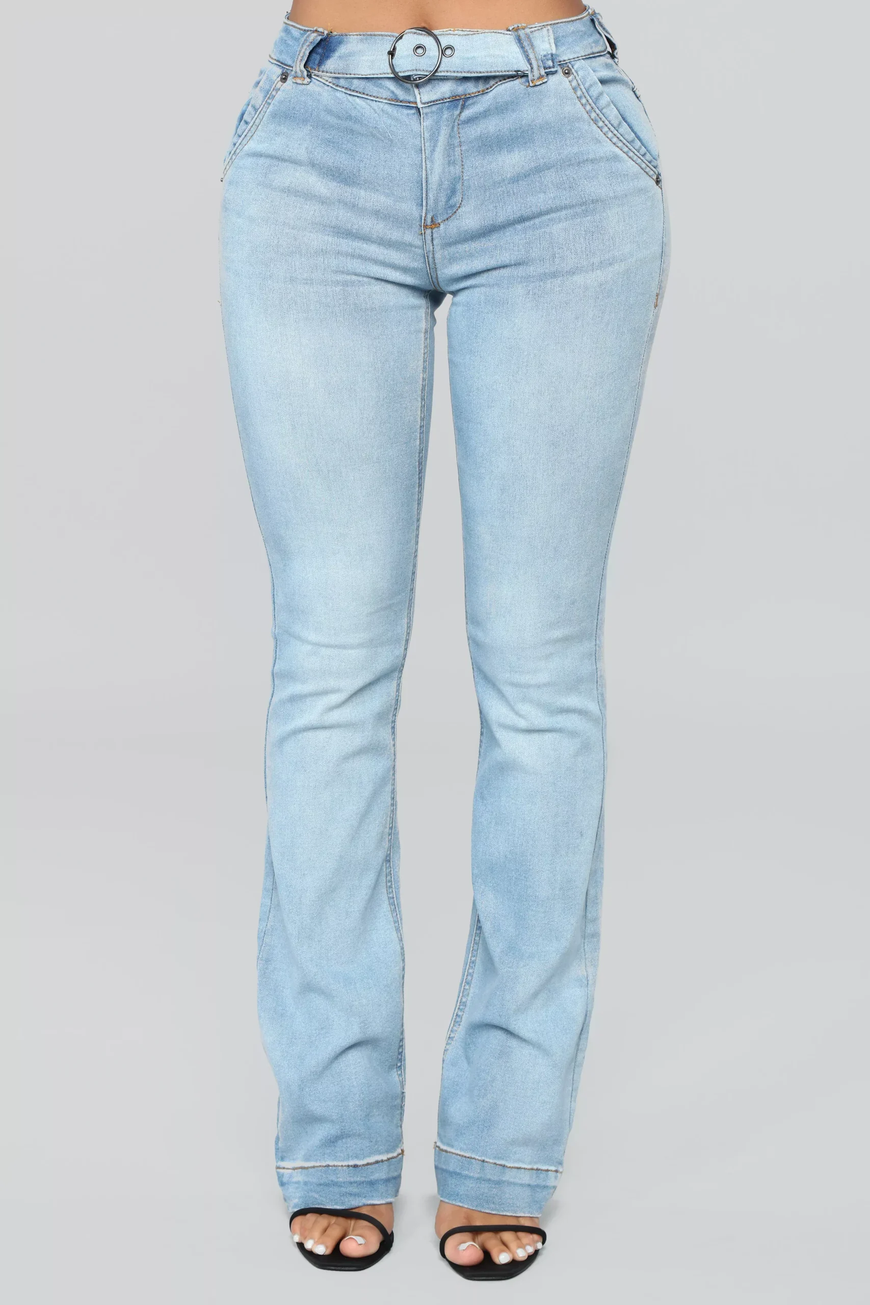 A Game Belted Flare Jeans - Medium Blue Wash