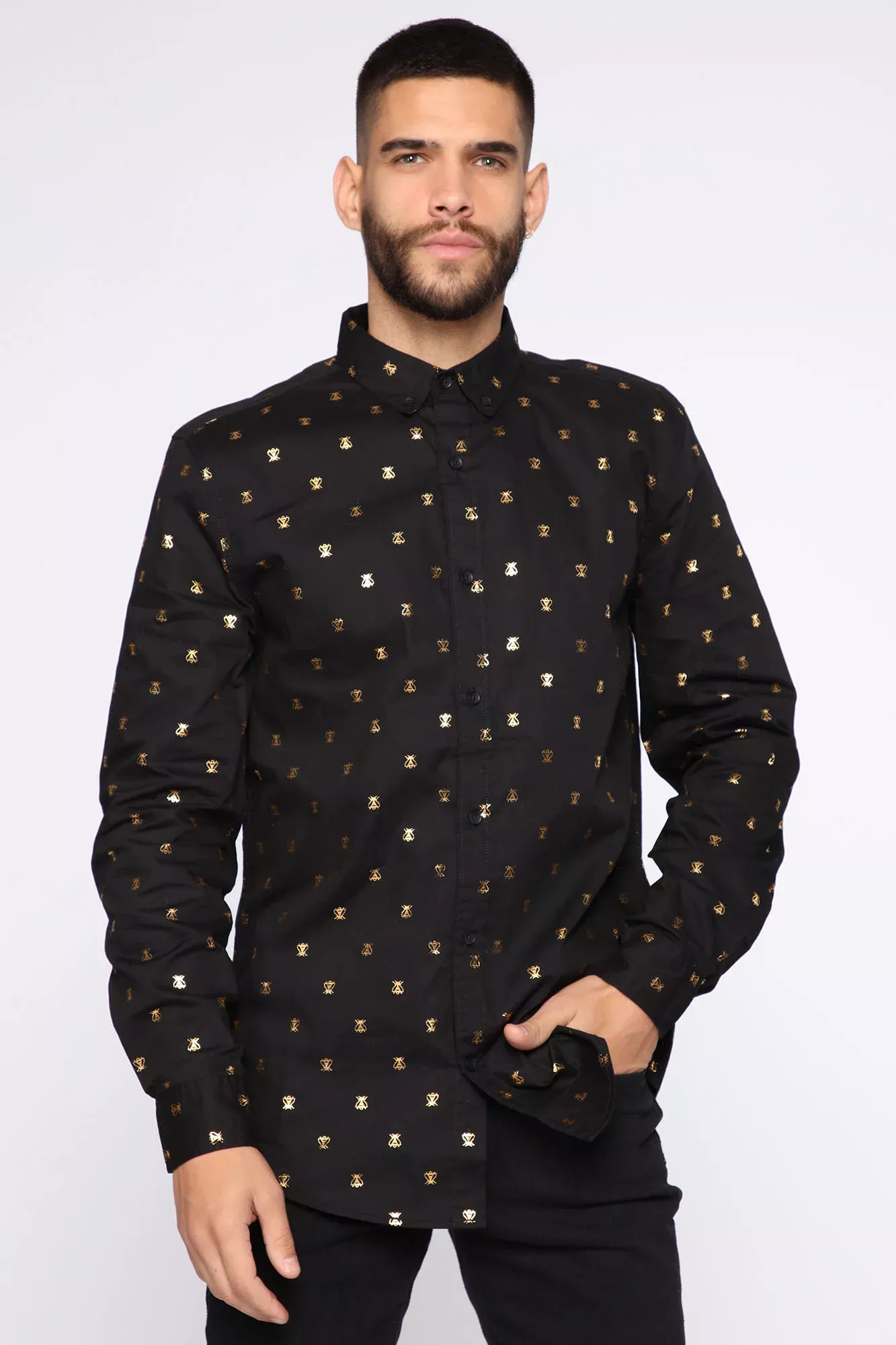 George Long Sleeve Woven Top - Black/Gold