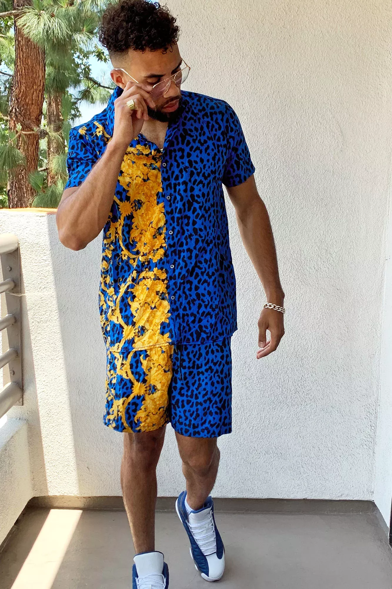 Gilded Leopard Short Sleeve Woven Top - Blue/Gold