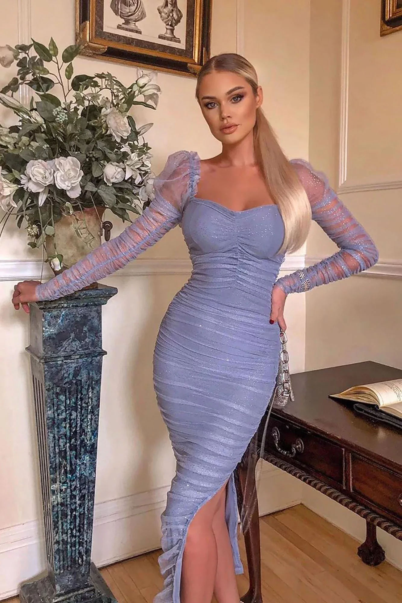 A Glittery Mesh Midi Dress - Ice Blue