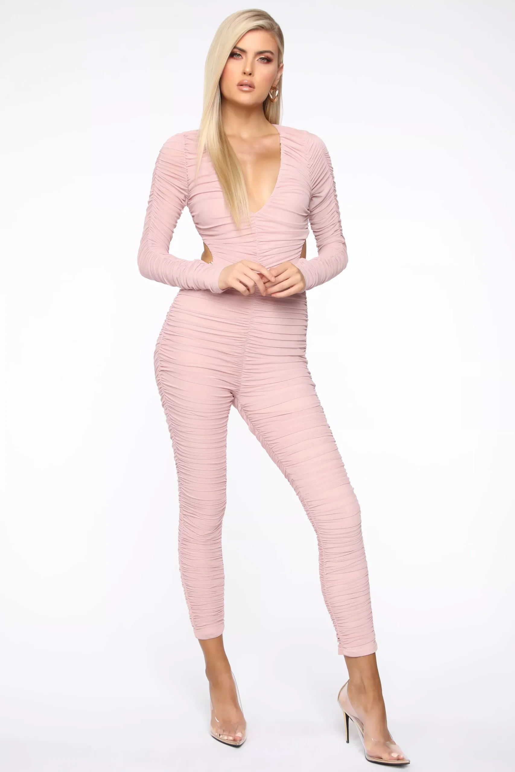 Haute Mesh Ruched Jumpsuit FN - Blush