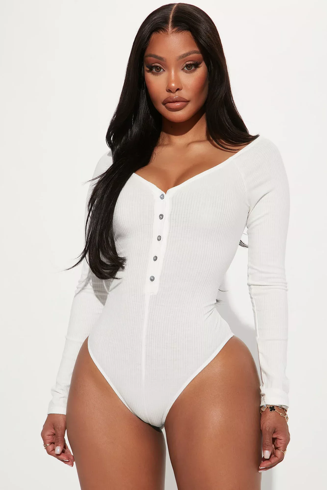 Hazel Ribbed Henley Bodysuit - White