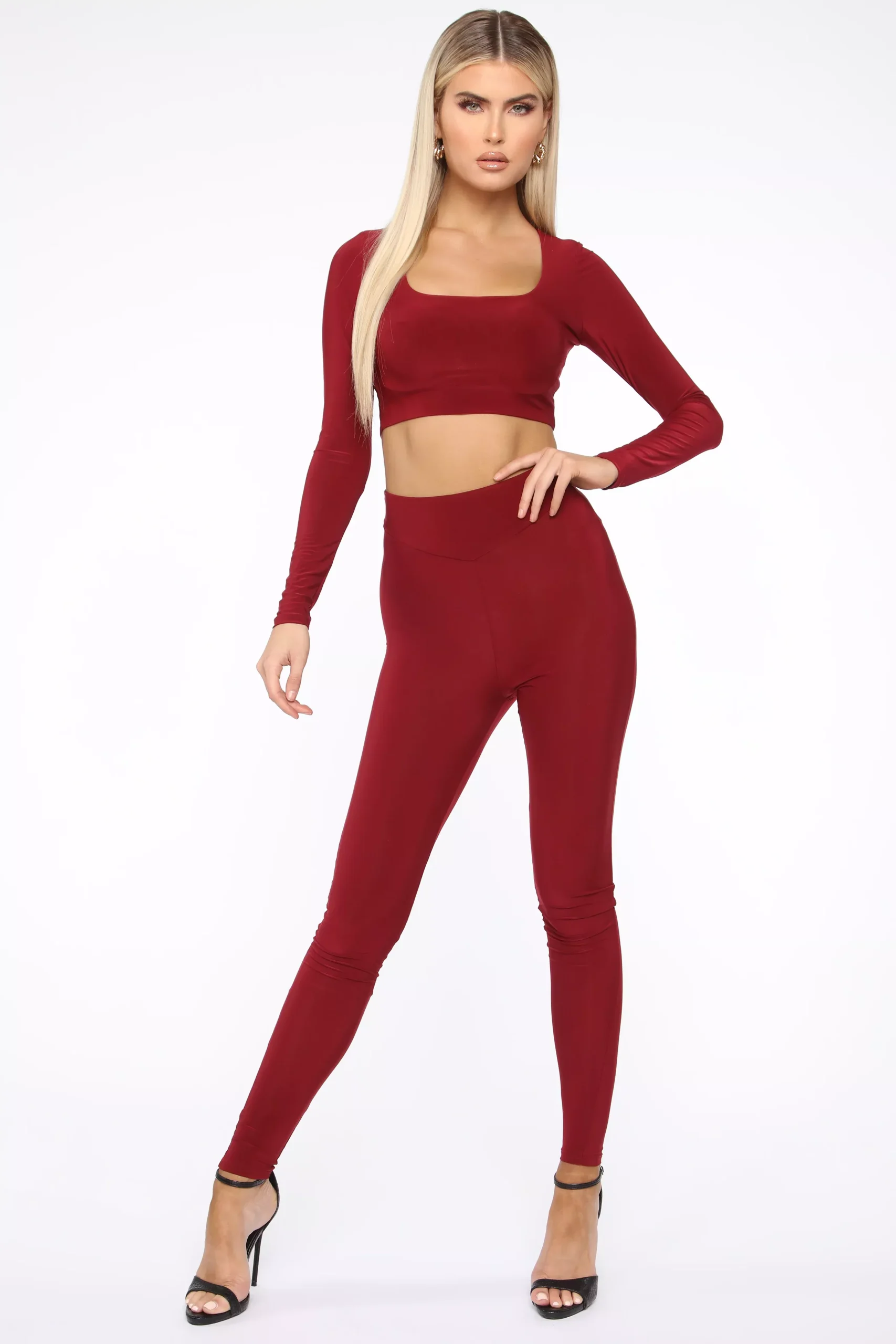 Look Back Ruched Pant Set - Burgundy