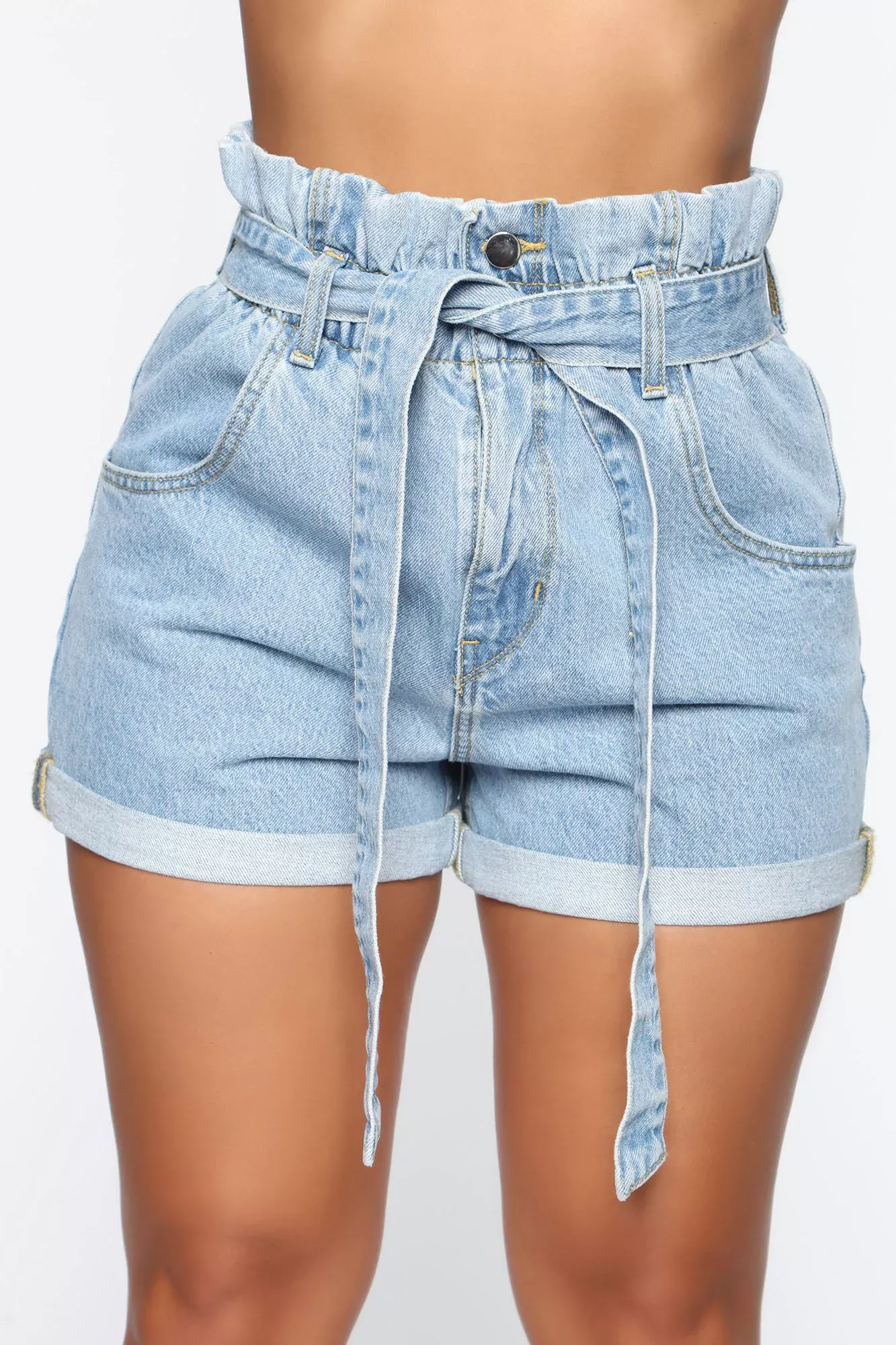 Melanie Paper Bag Denim Shorts - Light Wash
