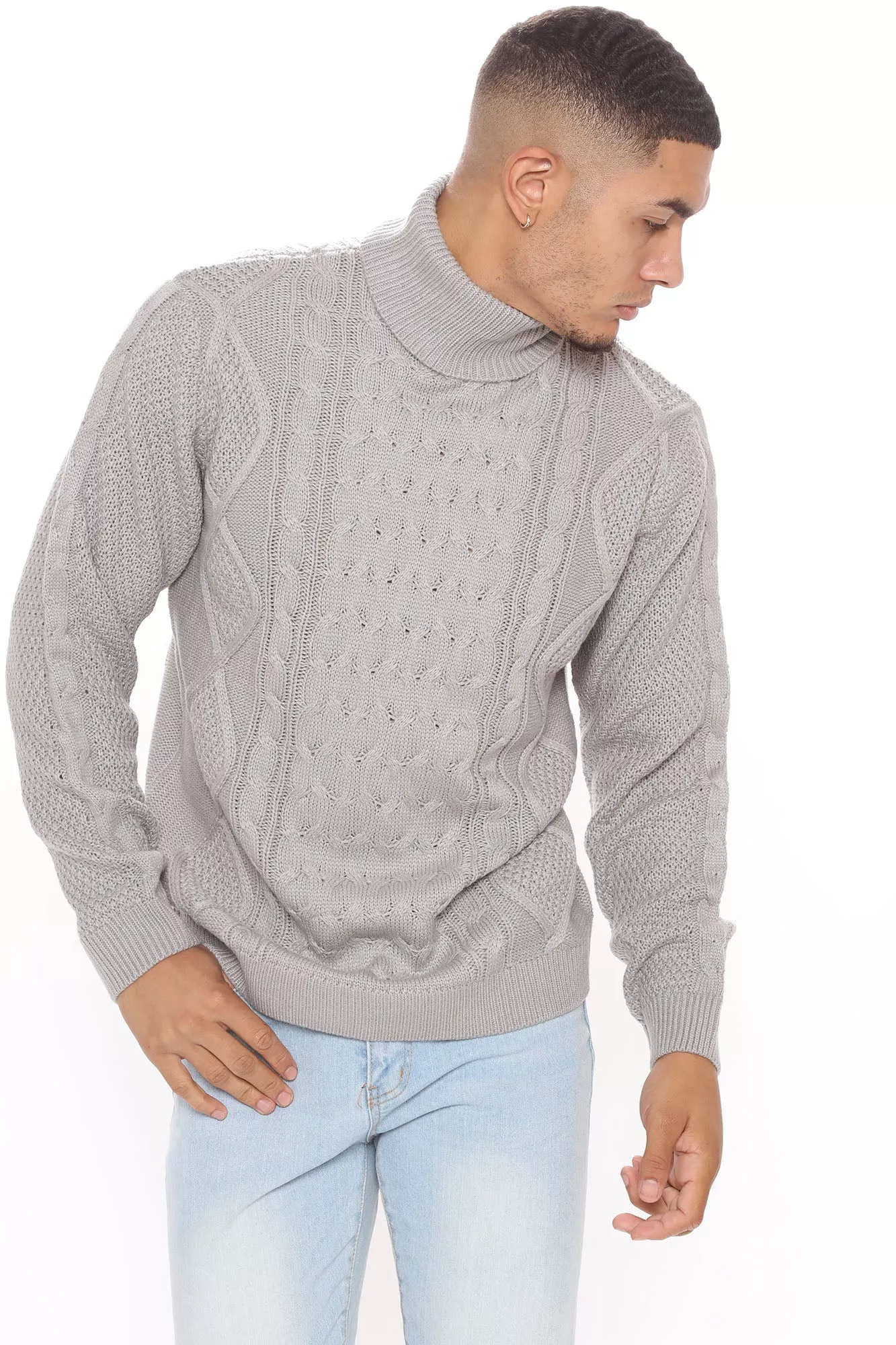 Miguel Cable Knit Turtleneck Sweater - Heather Grey