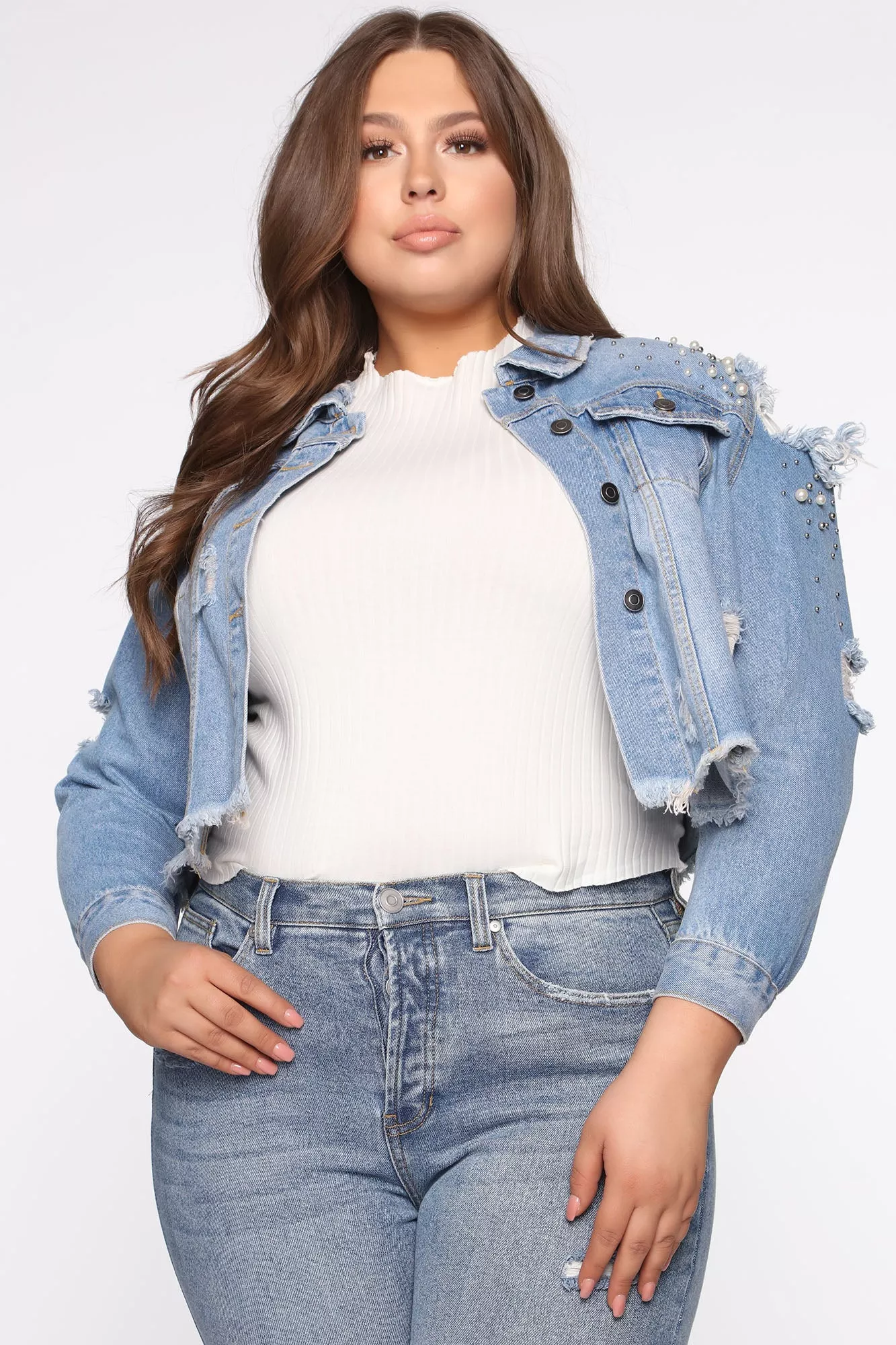 Miss World Embellished Denim Jacket - Medium Wash