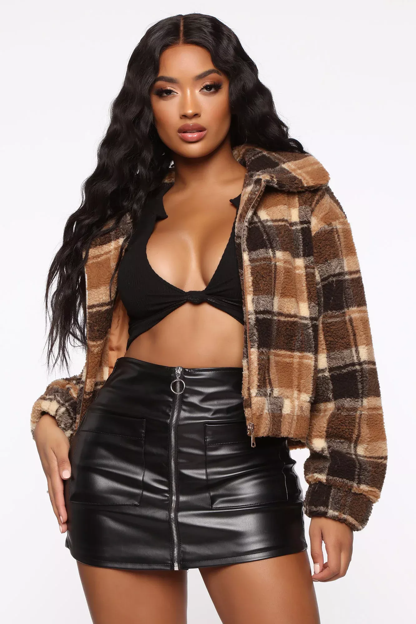 Plaid Down Fuzzy Jacket - Brown/Combo