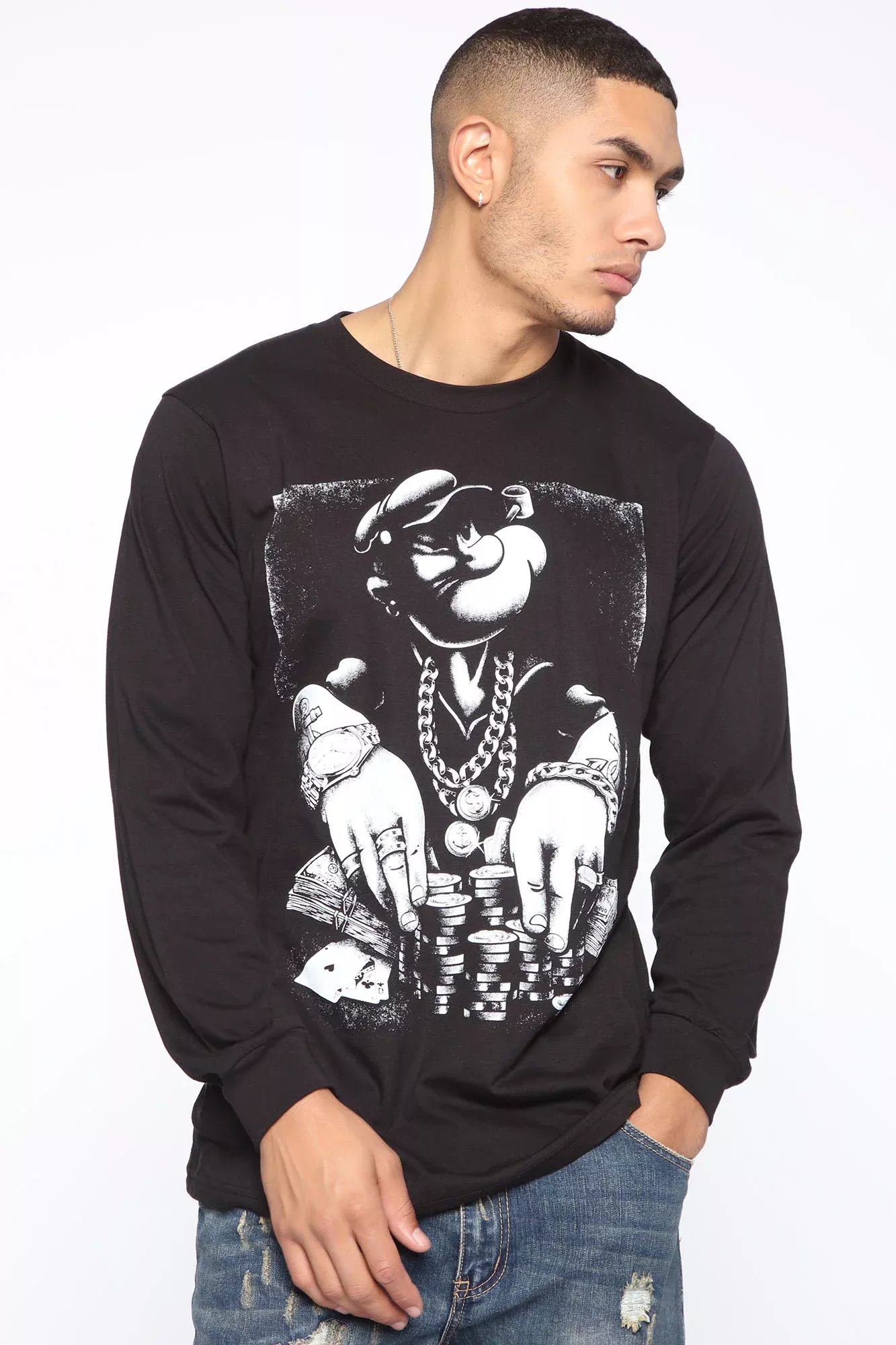 Popeye Poker Long Sleeve Tee - Black