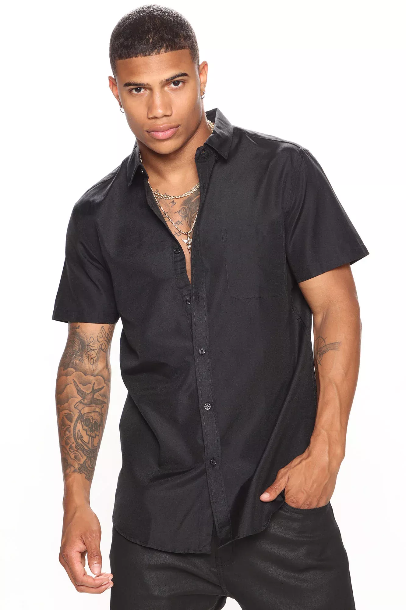 Simon Short Sleeve Woven Top - Black