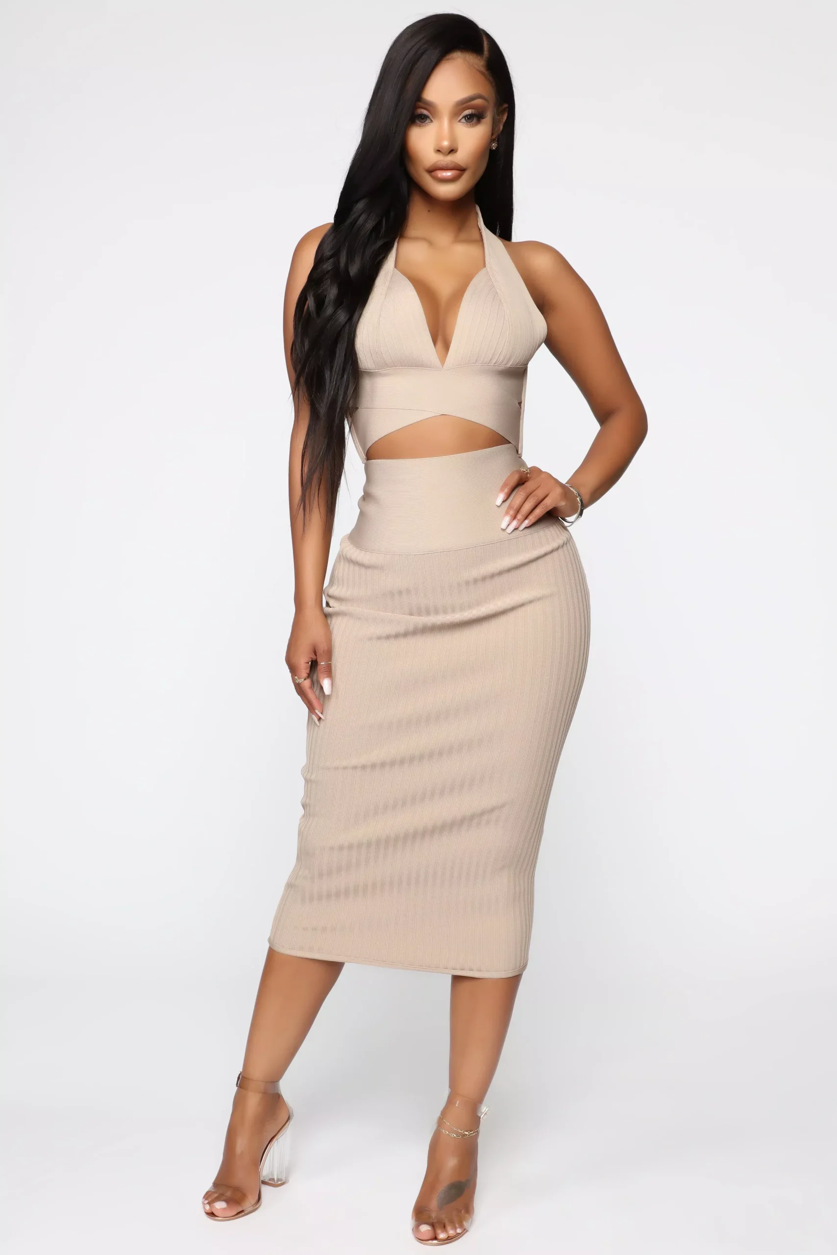 A Solid Stunt Bandage Skirt Set - Taupe