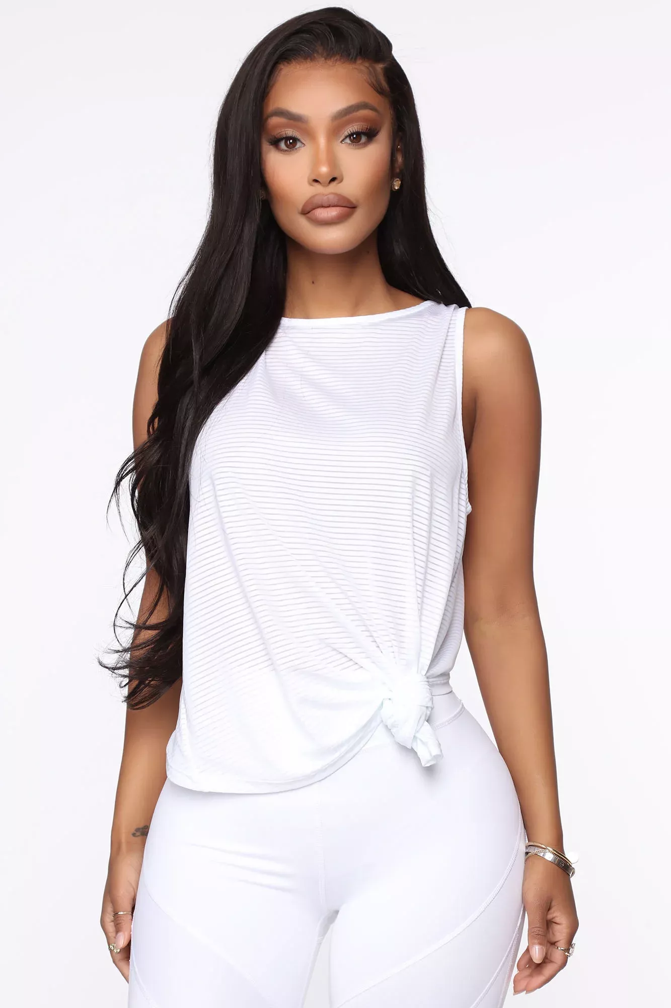 Stay Moving Tie Front Performance Muscle Tank - White