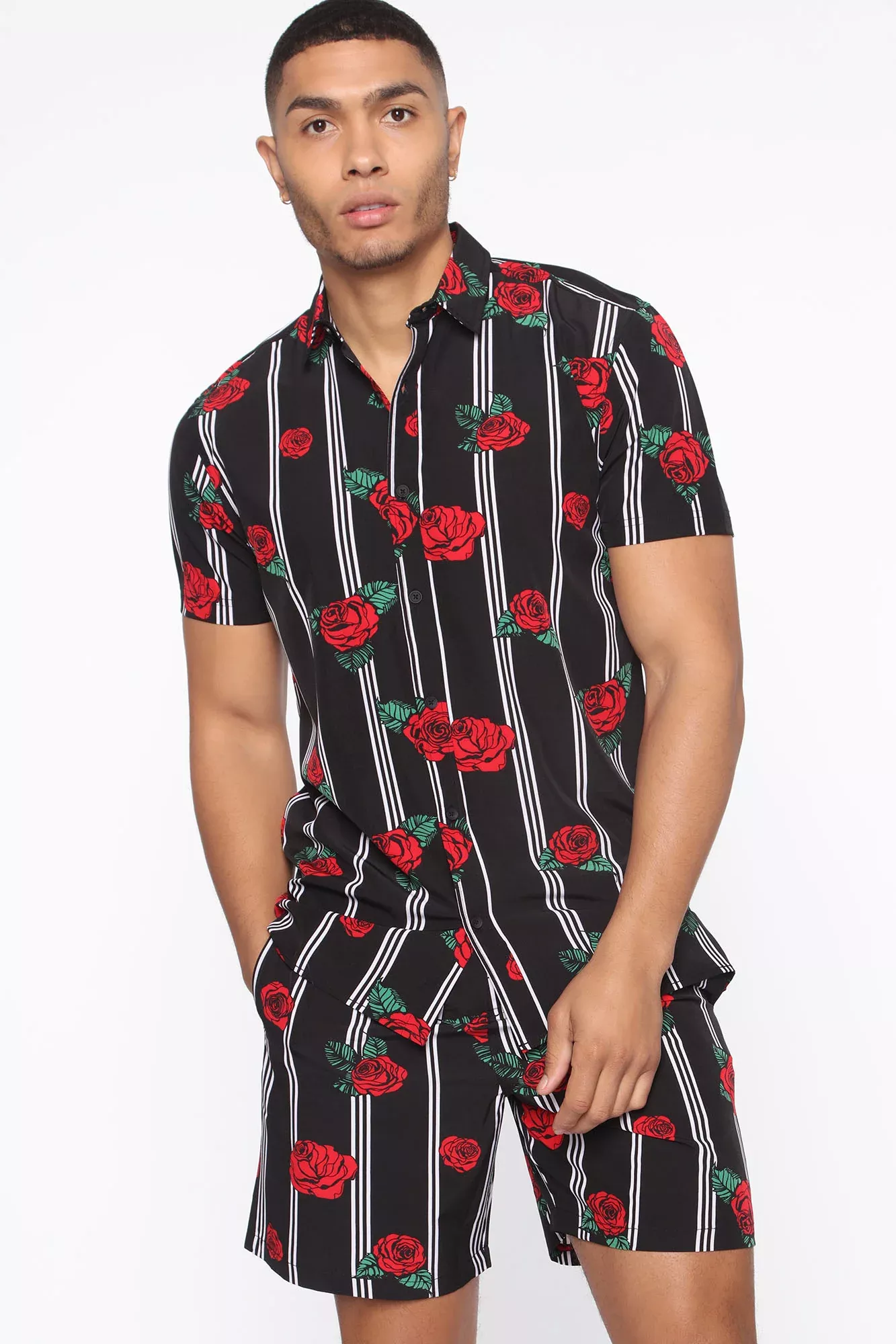 Trippin' Roses Short Sleeve Woven Top - Black/Red