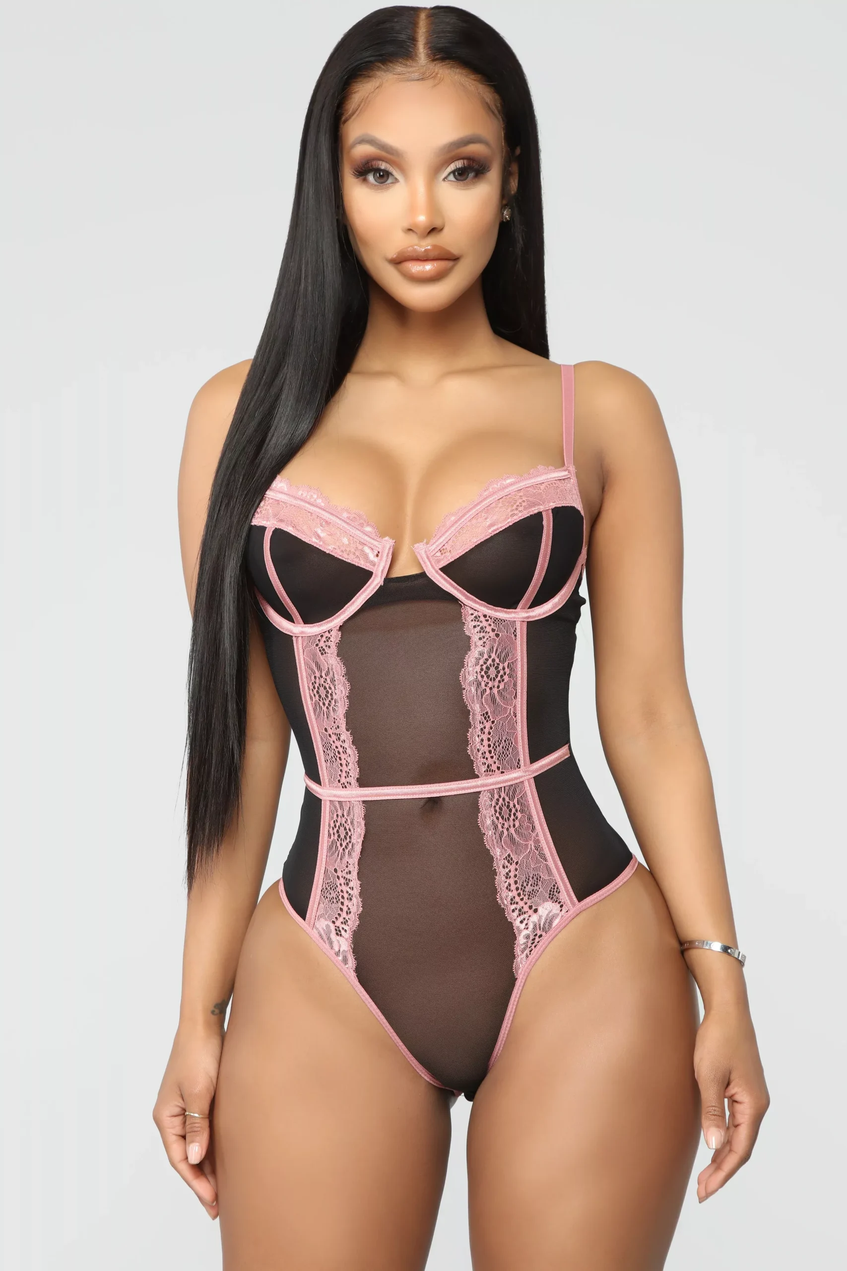 Try Harder Lace Teddy Bodysuit - Black/Rose