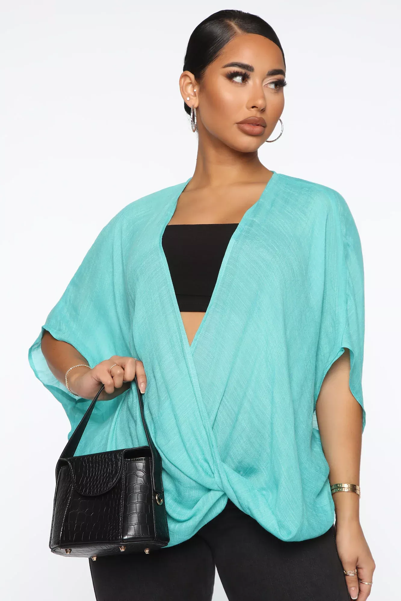 V Loose Surplice Top - Aqua