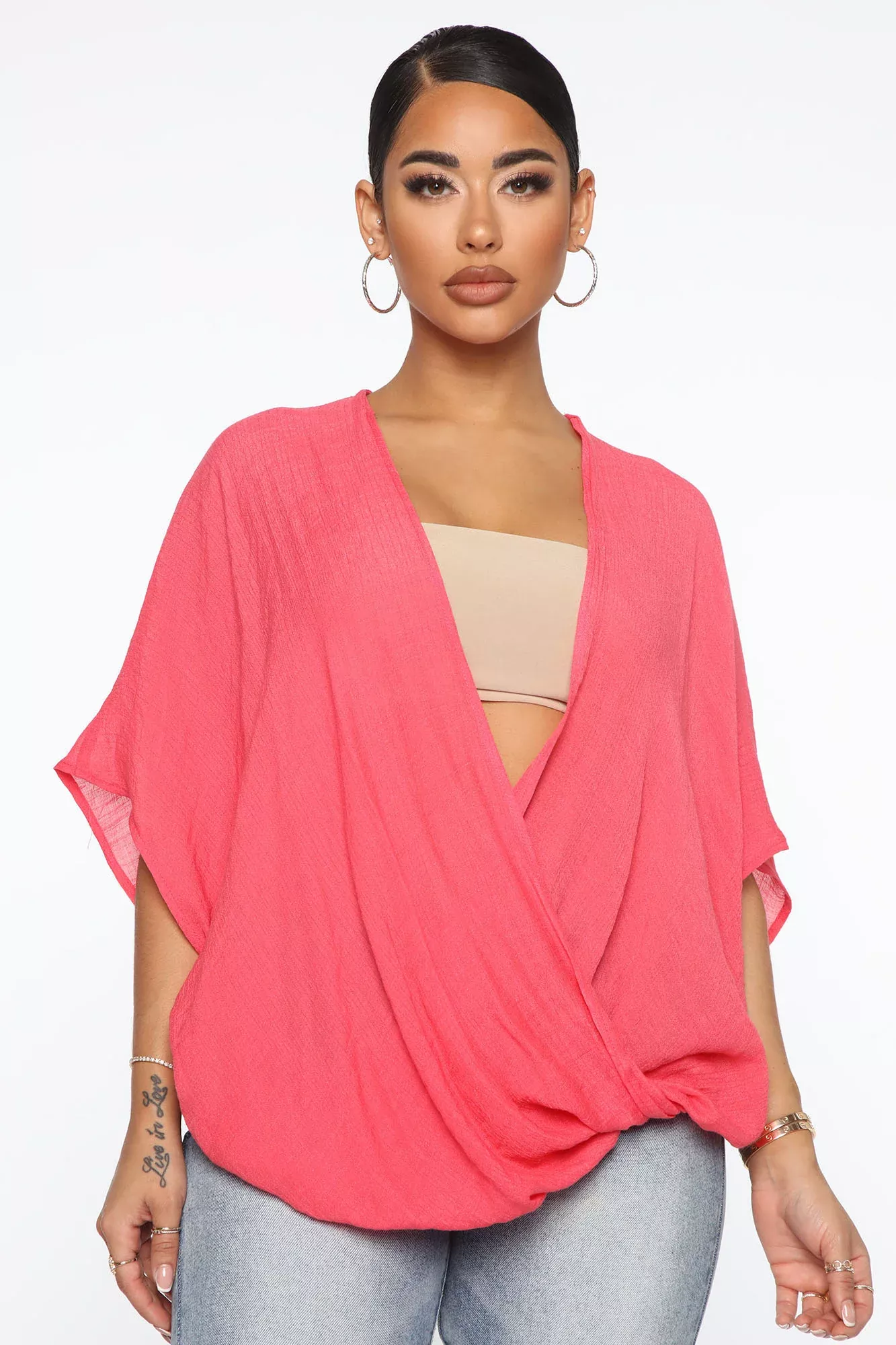 V Loose Surplice Top - Coral