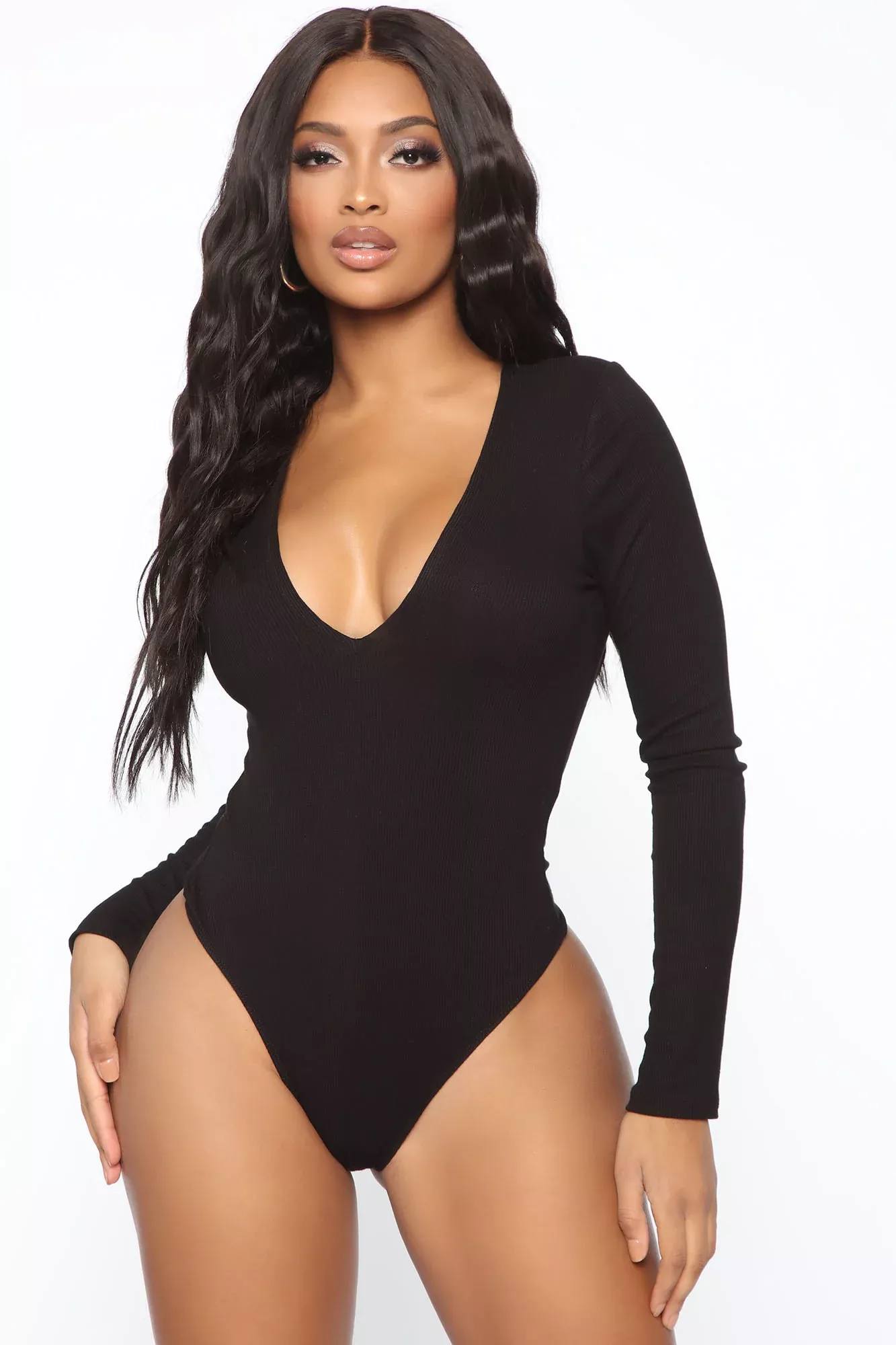 Waiting On Nothing Long Sleeve Ribbed Bodysuit - Black
