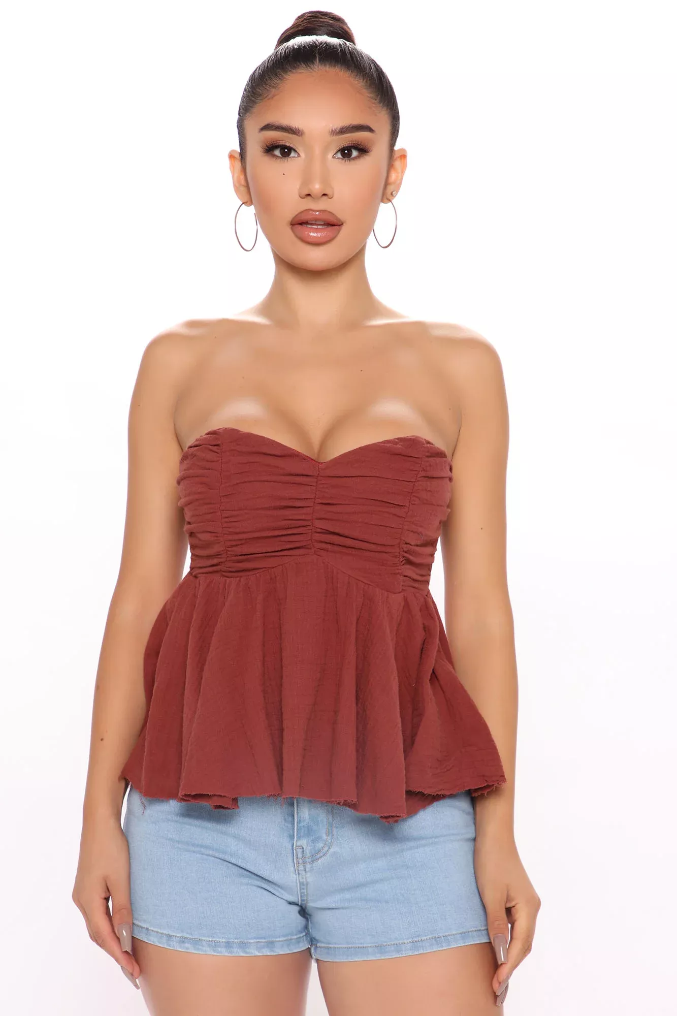 Wild Poppy Ruched Peplum Top - Marsala