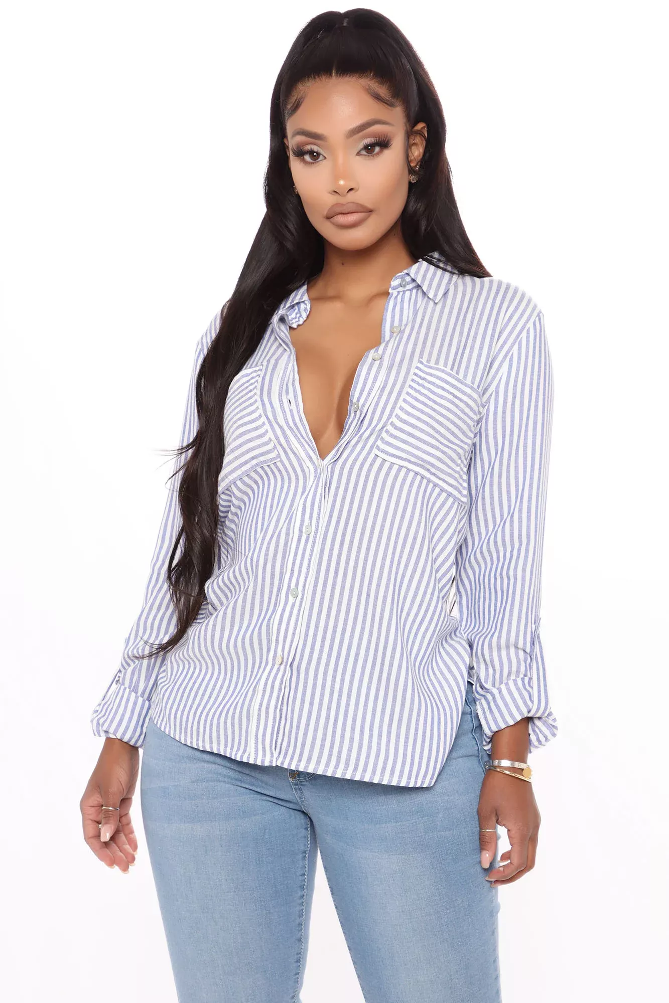 Working Gal Button Front Top - Blue