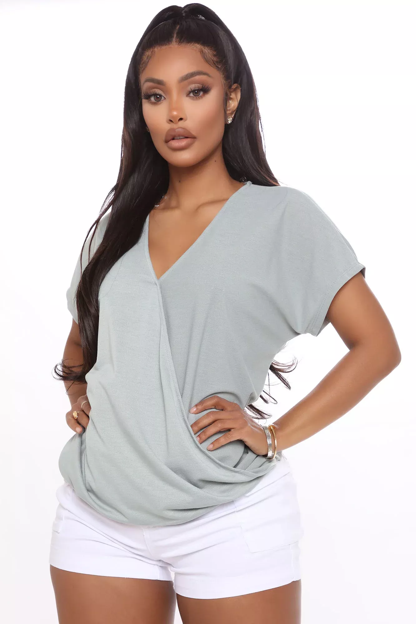 You Got Me Twisted V Neck - Sage