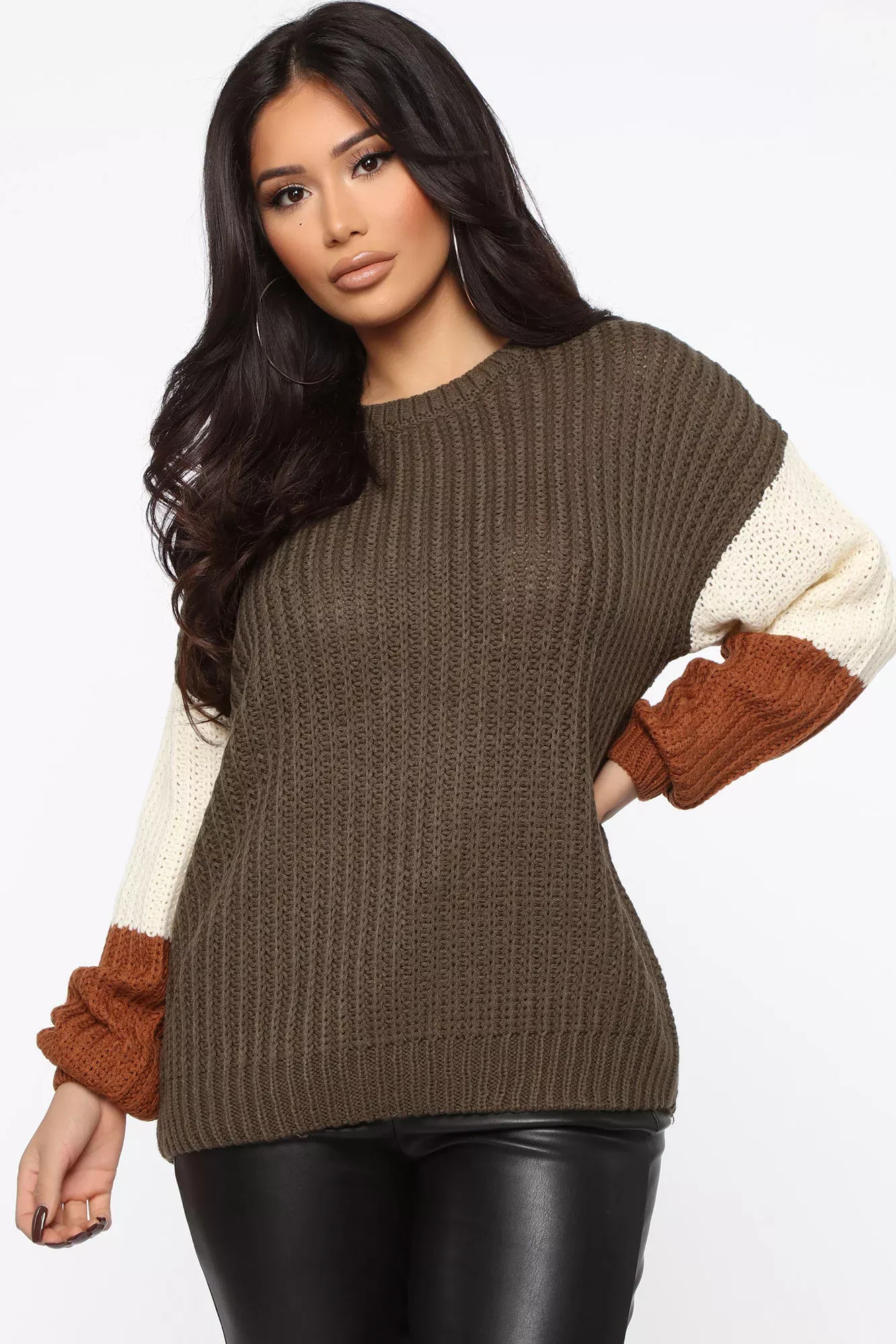 You're All Mine Color Block Sweater - Olive/combo