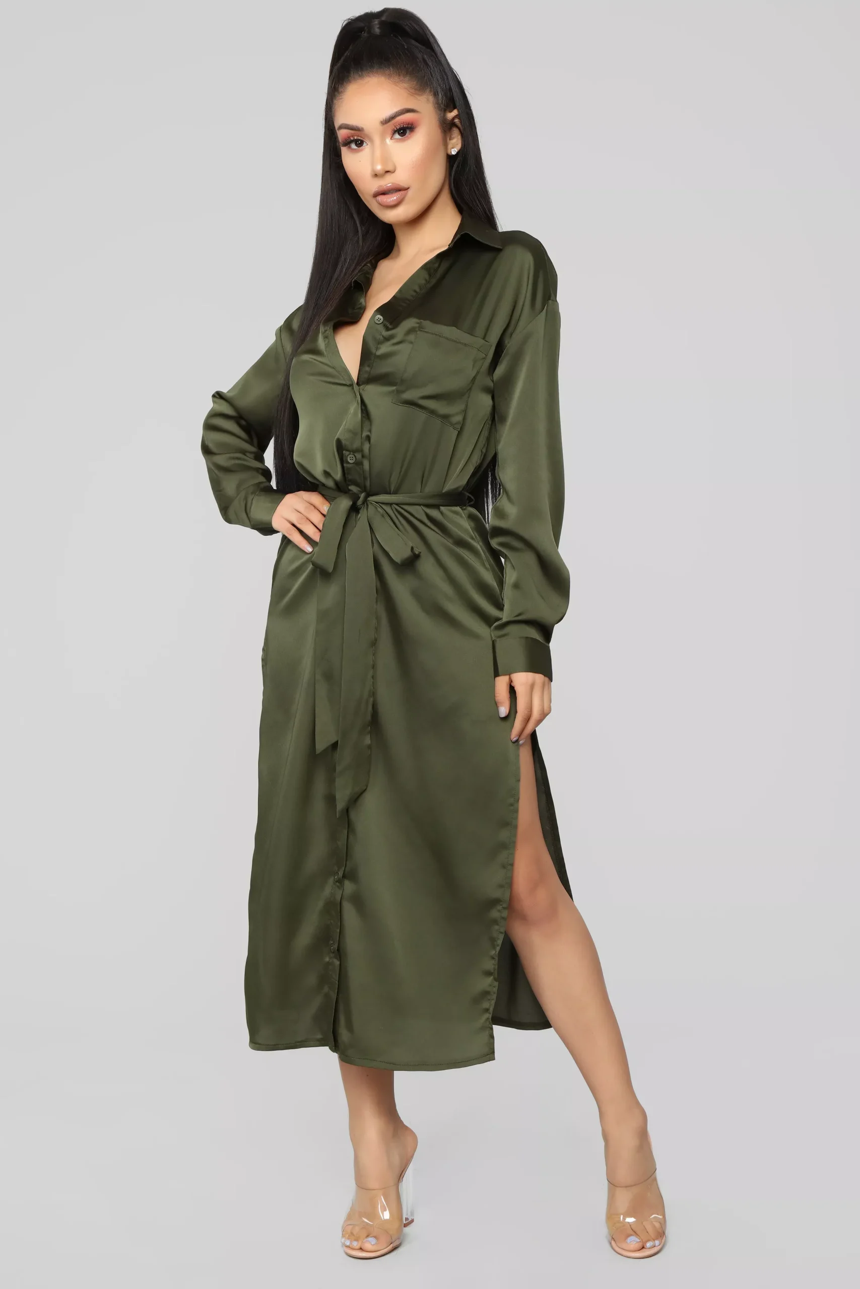 Zoey Satin Shirt Dress - Olive